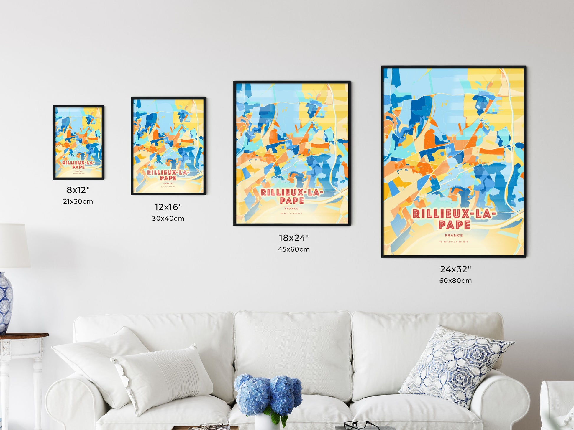 Colorful RILLIEUX-LA-PAPE FRANCE Fine Art Map Blue Orange