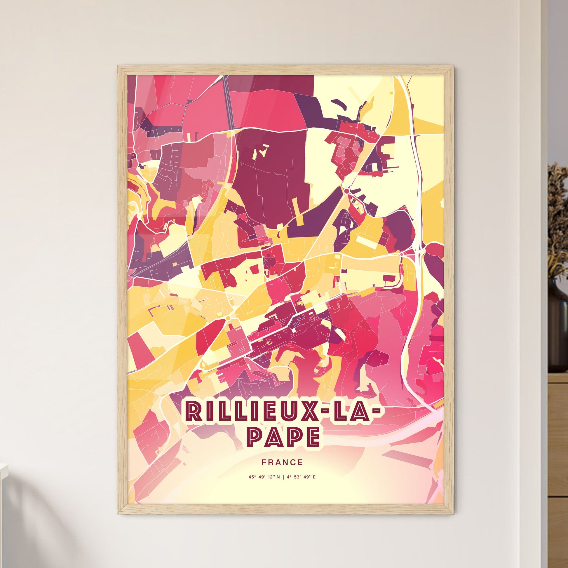 Colorful RILLIEUX-LA-PAPE FRANCE Fine Art Map Hot Red