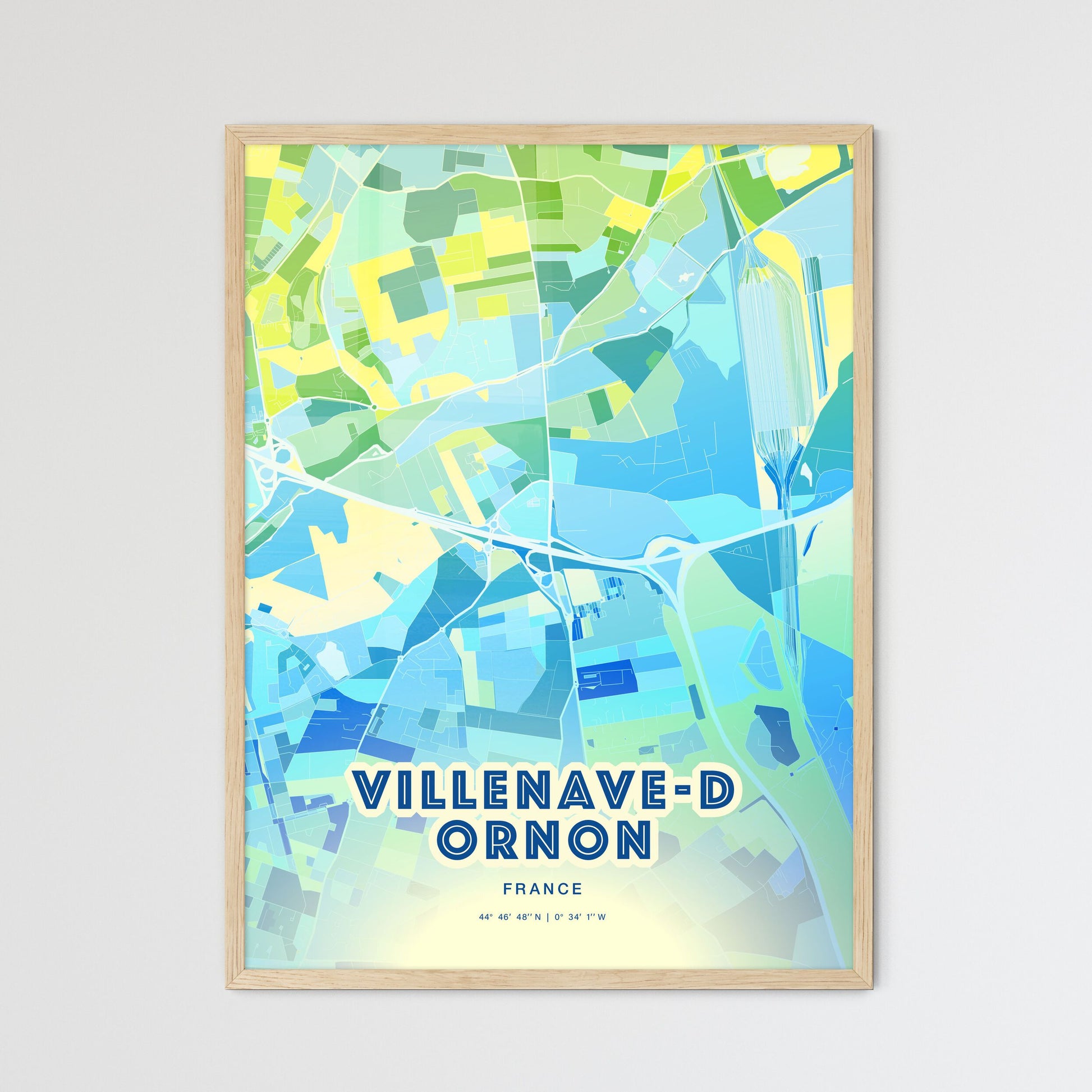 Colorful VILLENAVE-D ORNON FRANCE Fine Art Map Cool Blue