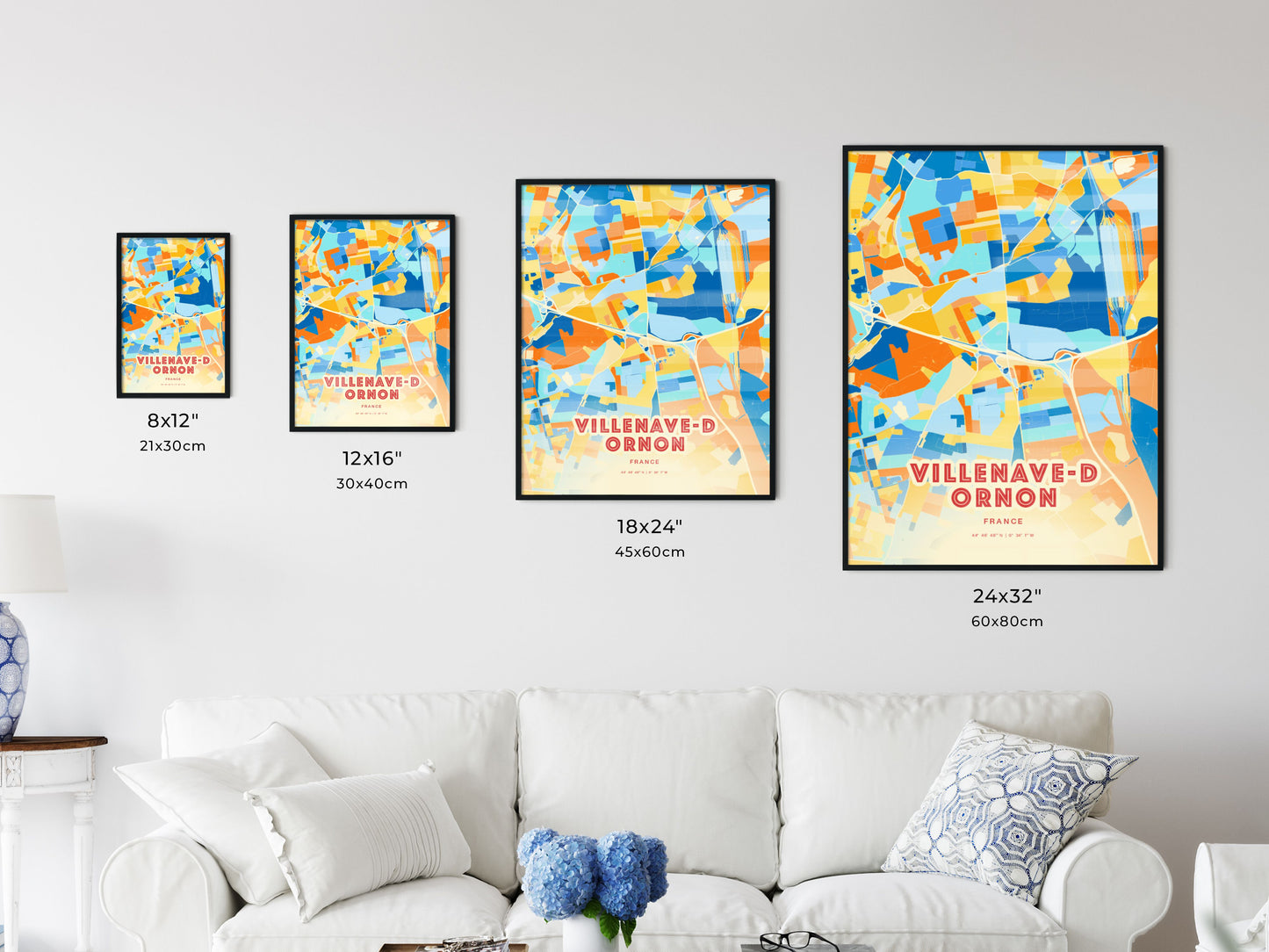 Colorful VILLENAVE-D ORNON FRANCE Fine Art Map Blue Orange