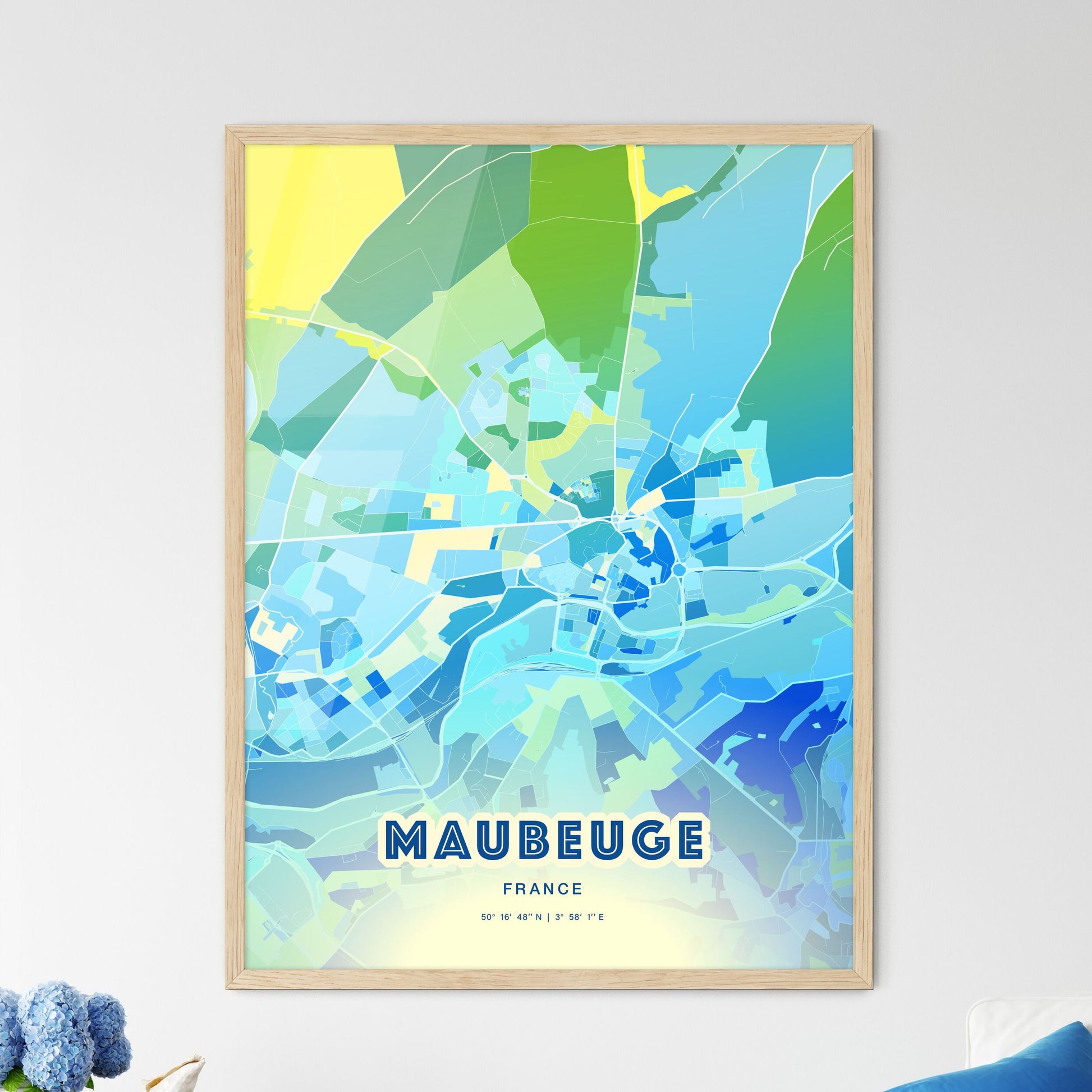 Colorful MAUBEUGE FRANCE Fine Art Map Cool Blue