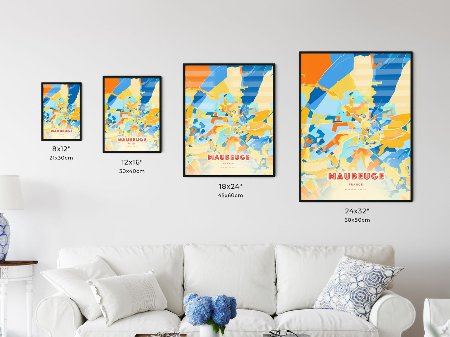 Colorful MAUBEUGE FRANCE Fine Art Map Blue Orange