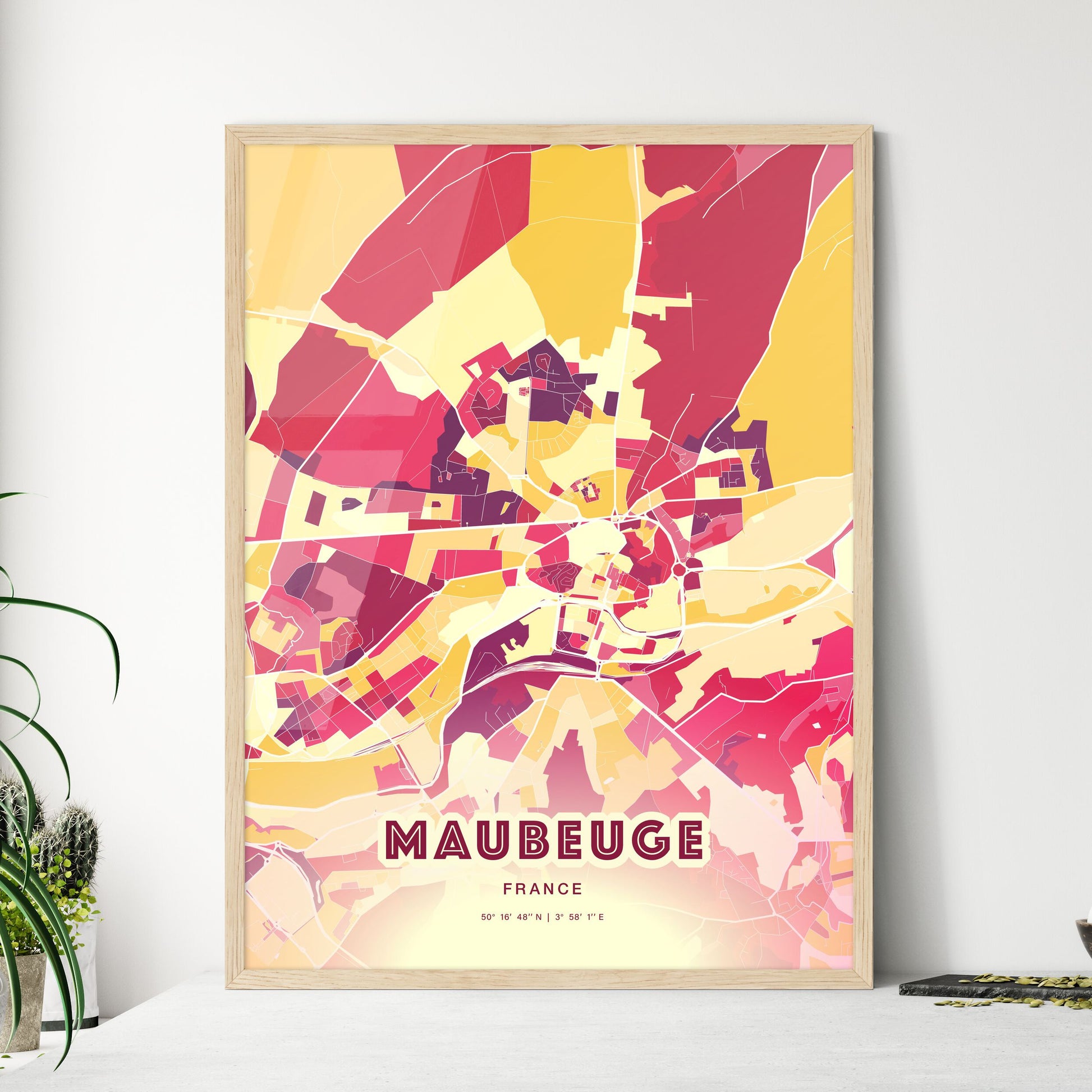 Colorful MAUBEUGE FRANCE Fine Art Map Hot Red