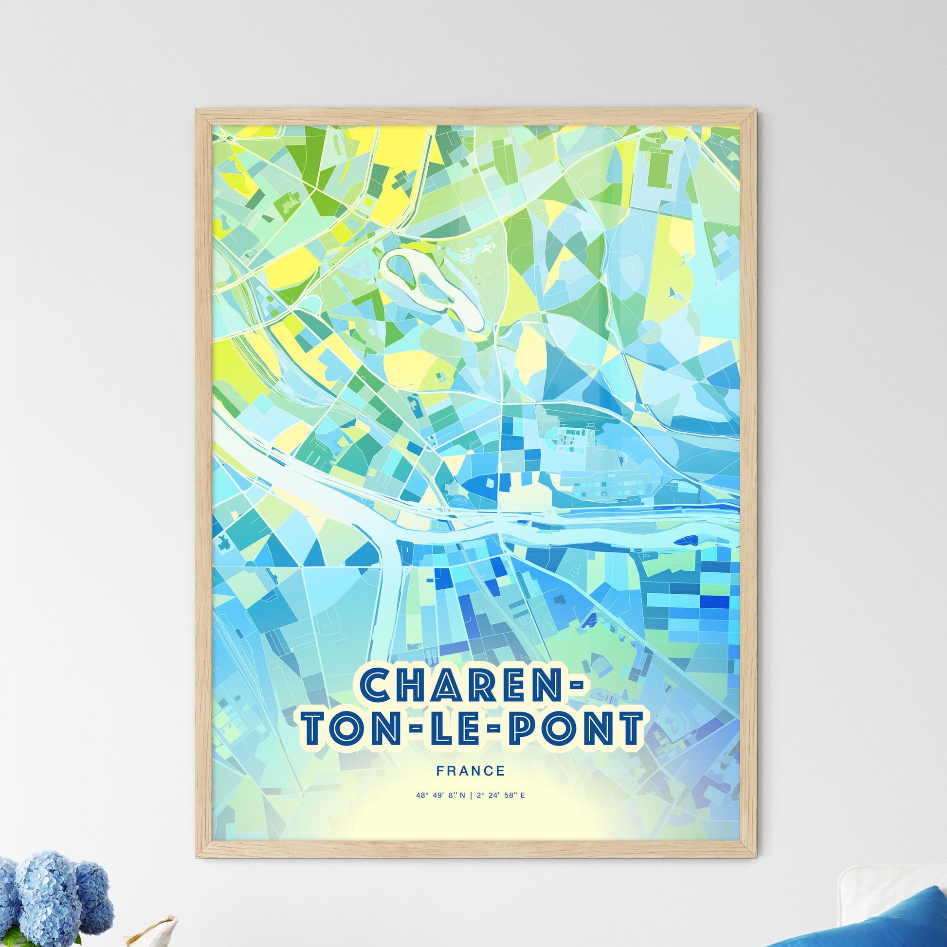 Colorful CHARENTON-LE-PONT FRANCE Fine Art Map Cool Blue