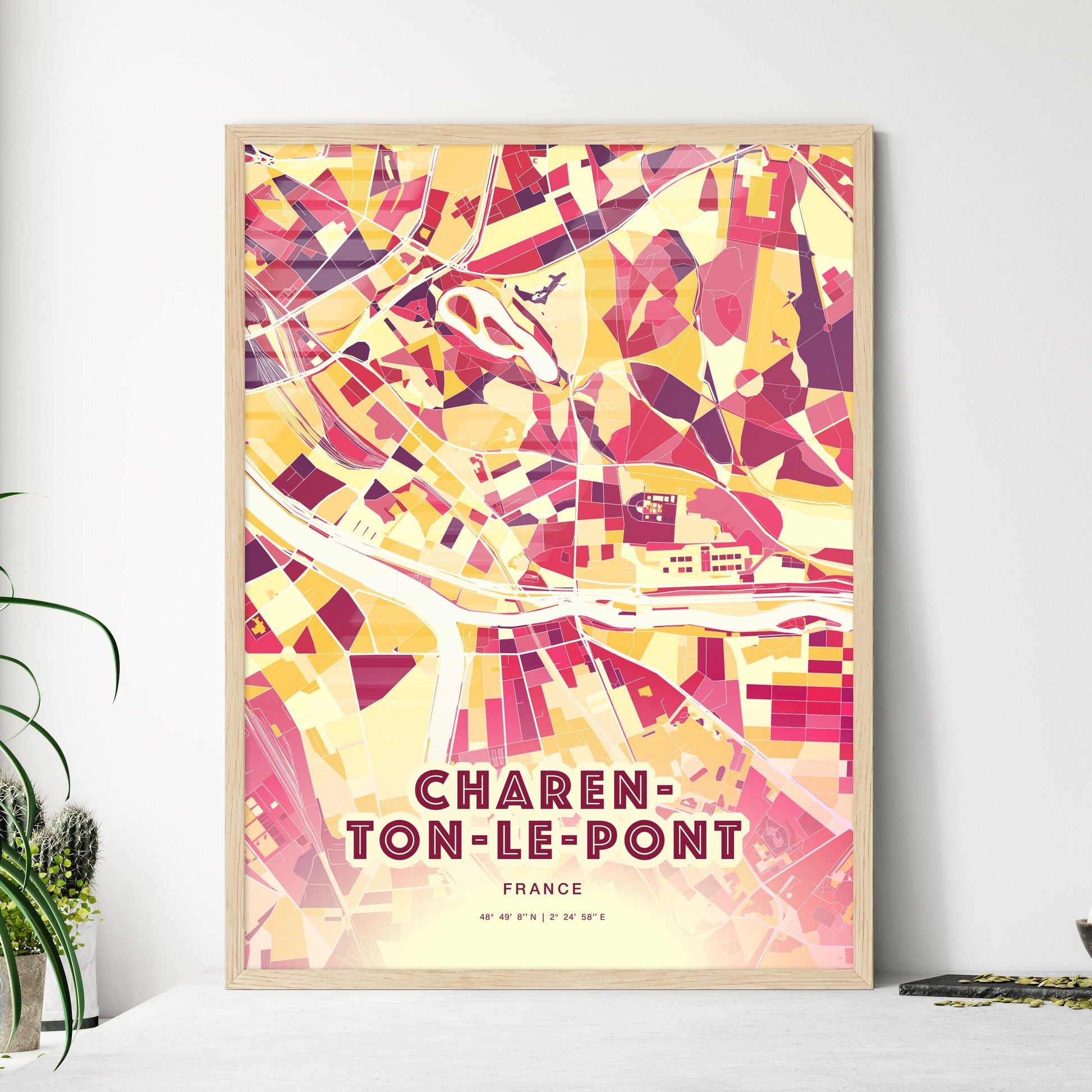 Colorful CHARENTON-LE-PONT FRANCE Fine Art Map Hot Red