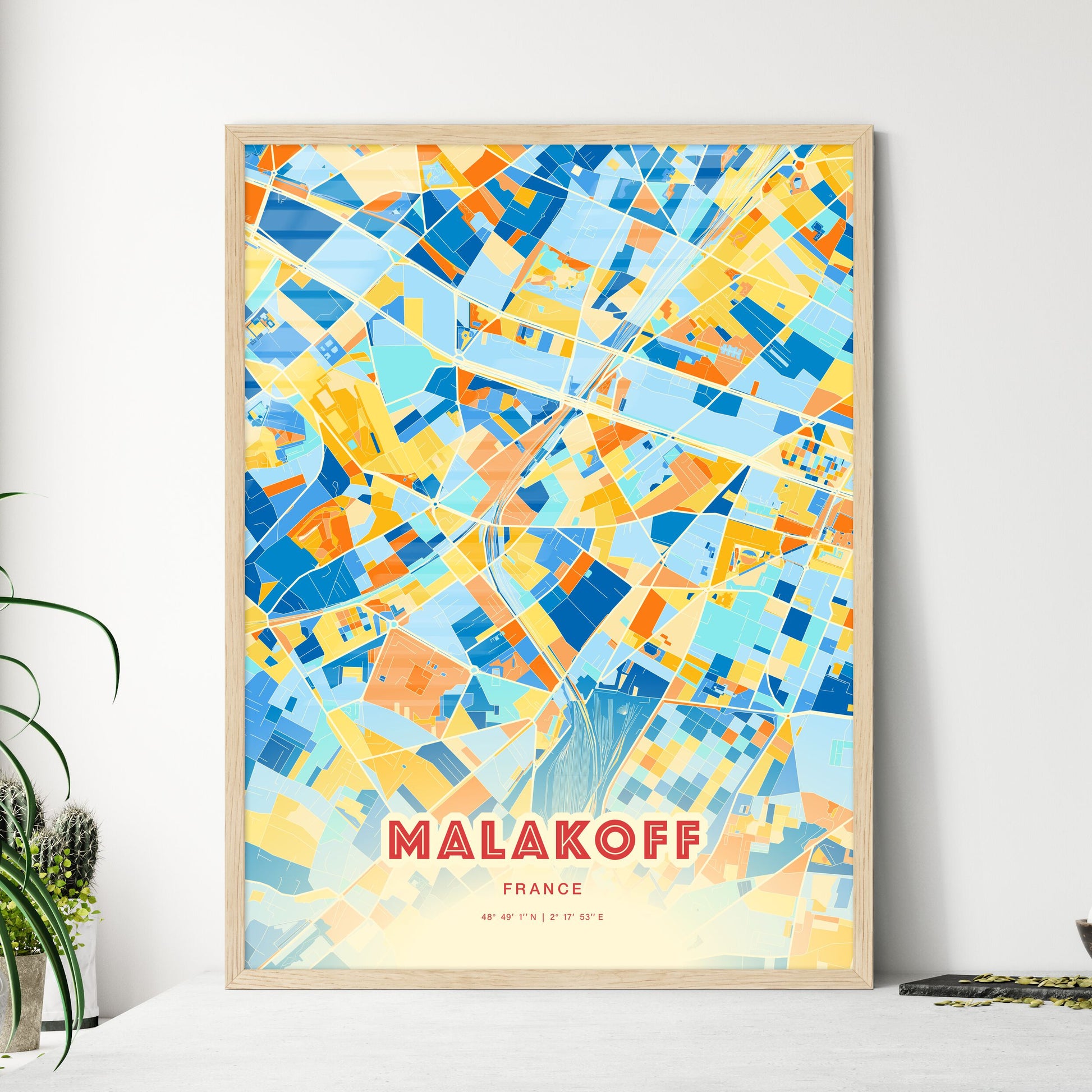 Colorful MALAKOFF FRANCE Fine Art Map Blue Orange