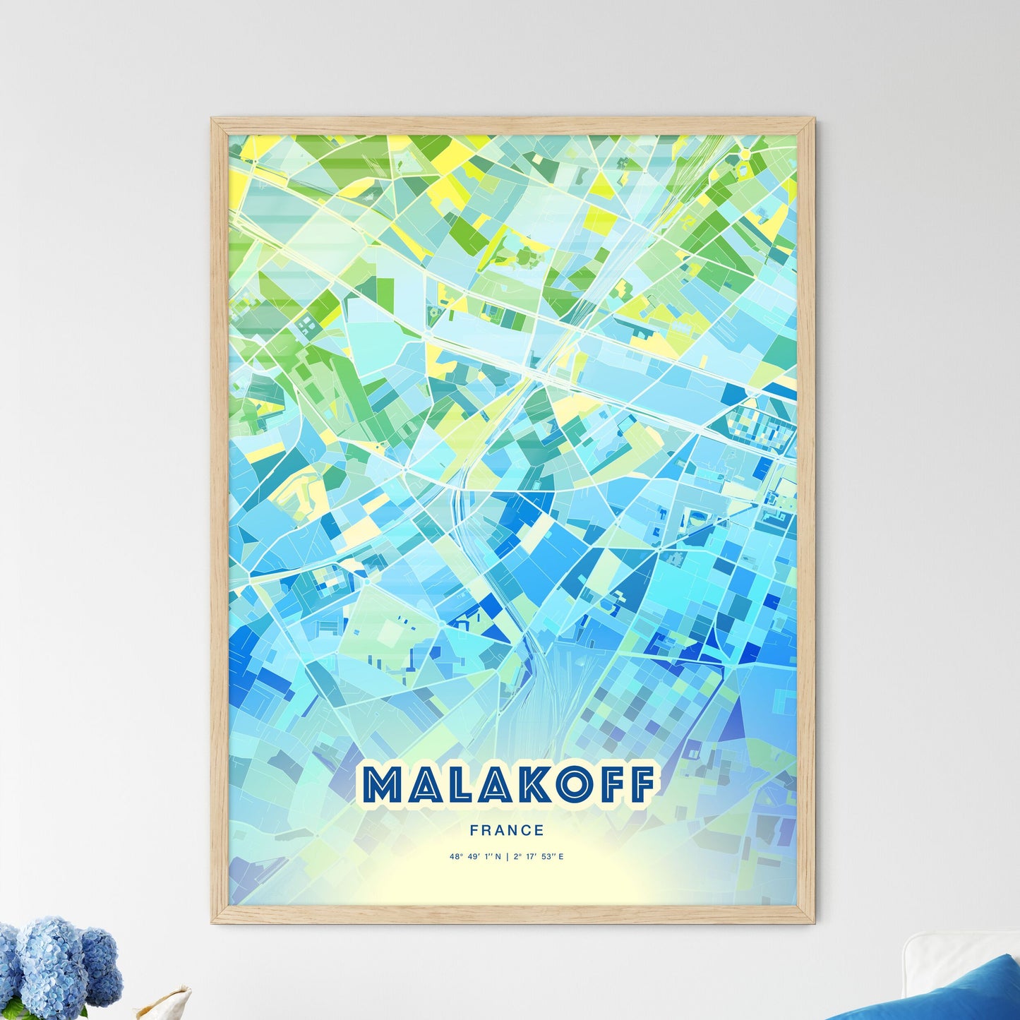 Colorful MALAKOFF FRANCE Fine Art Map Cool Blue