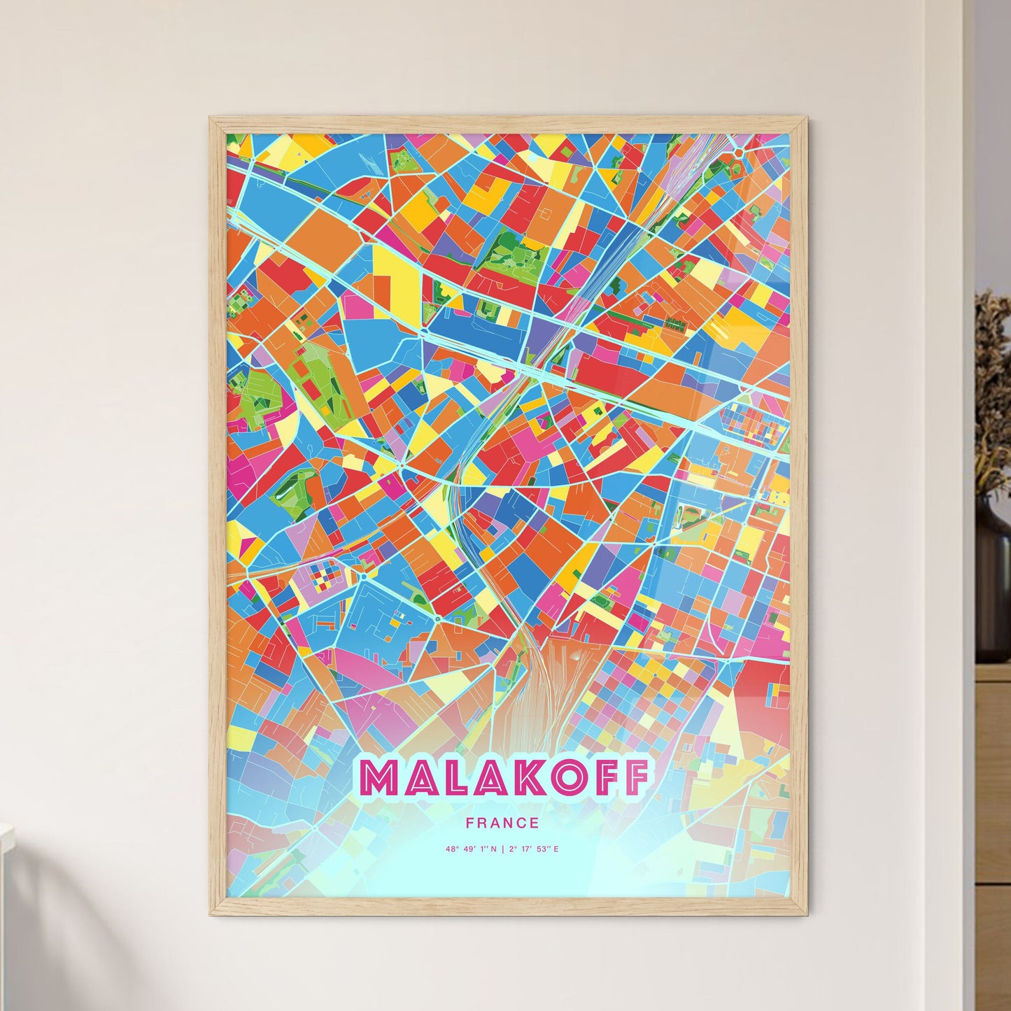 Colorful MALAKOFF FRANCE Fine Art Map Crazy Colors