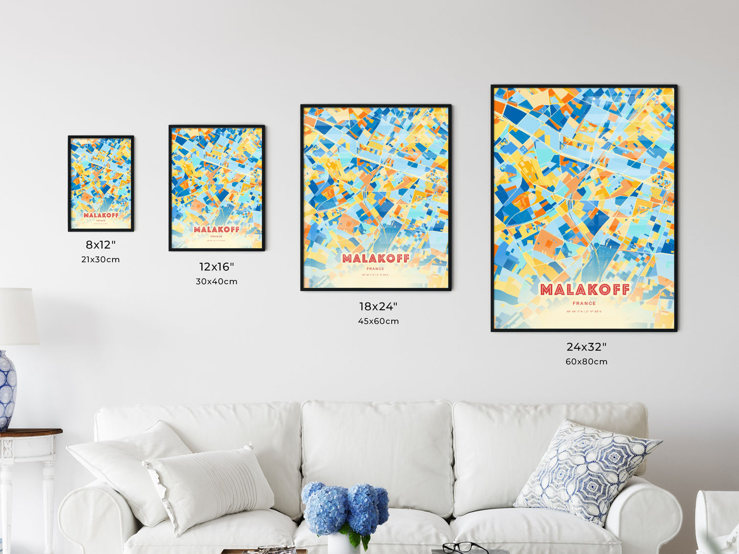 Colorful MALAKOFF FRANCE Fine Art Map Blue Orange