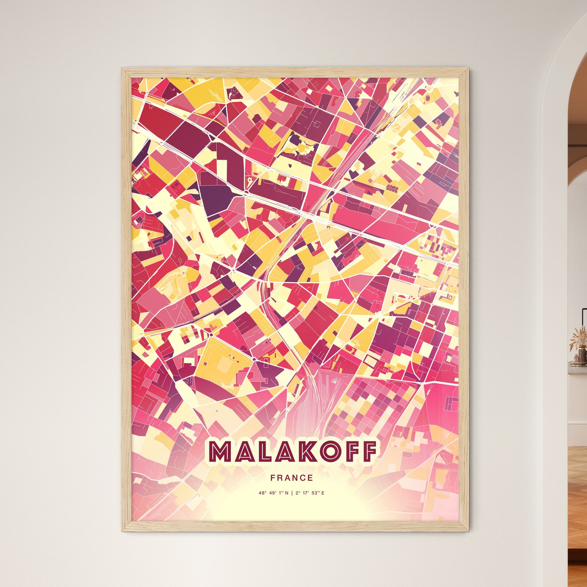 Colorful MALAKOFF FRANCE Fine Art Map Hot Red