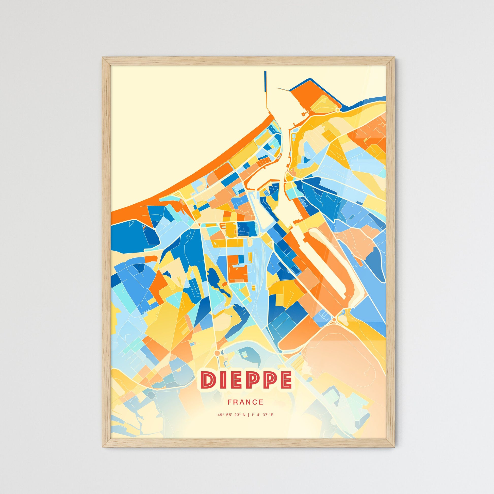 Colorful DIEPPE FRANCE Fine Art Map Blue Orange