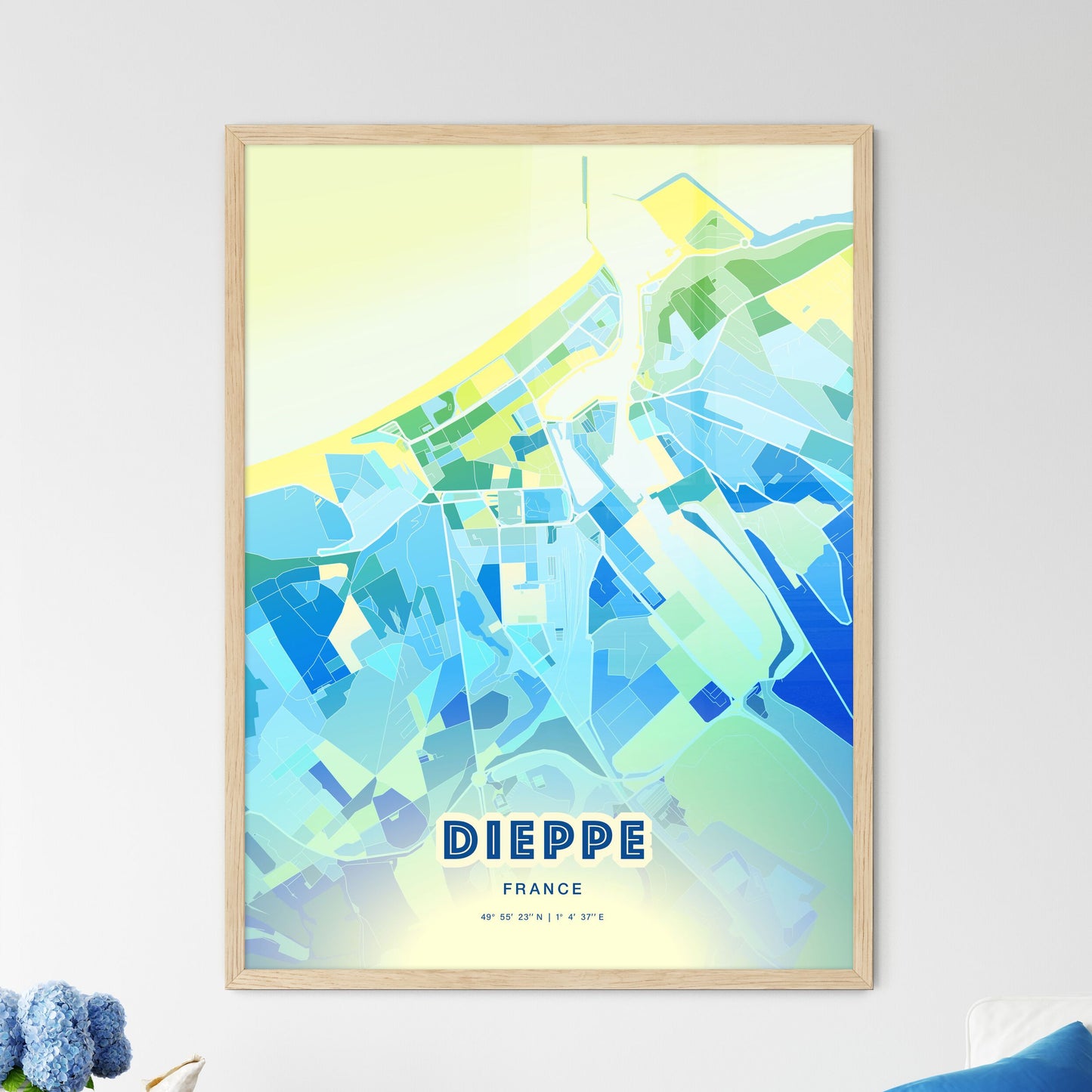 Colorful DIEPPE FRANCE Fine Art Map Cool Blue