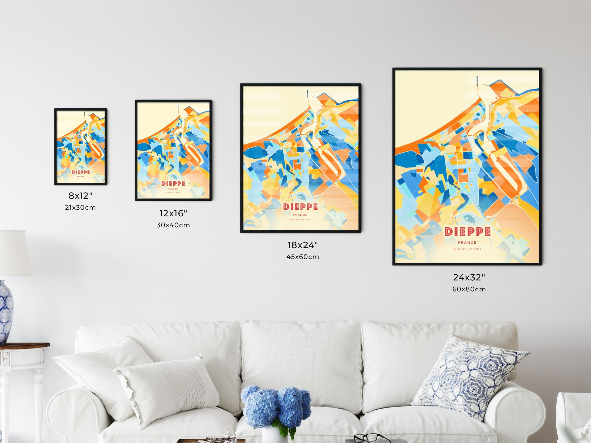 Colorful DIEPPE FRANCE Fine Art Map Blue Orange