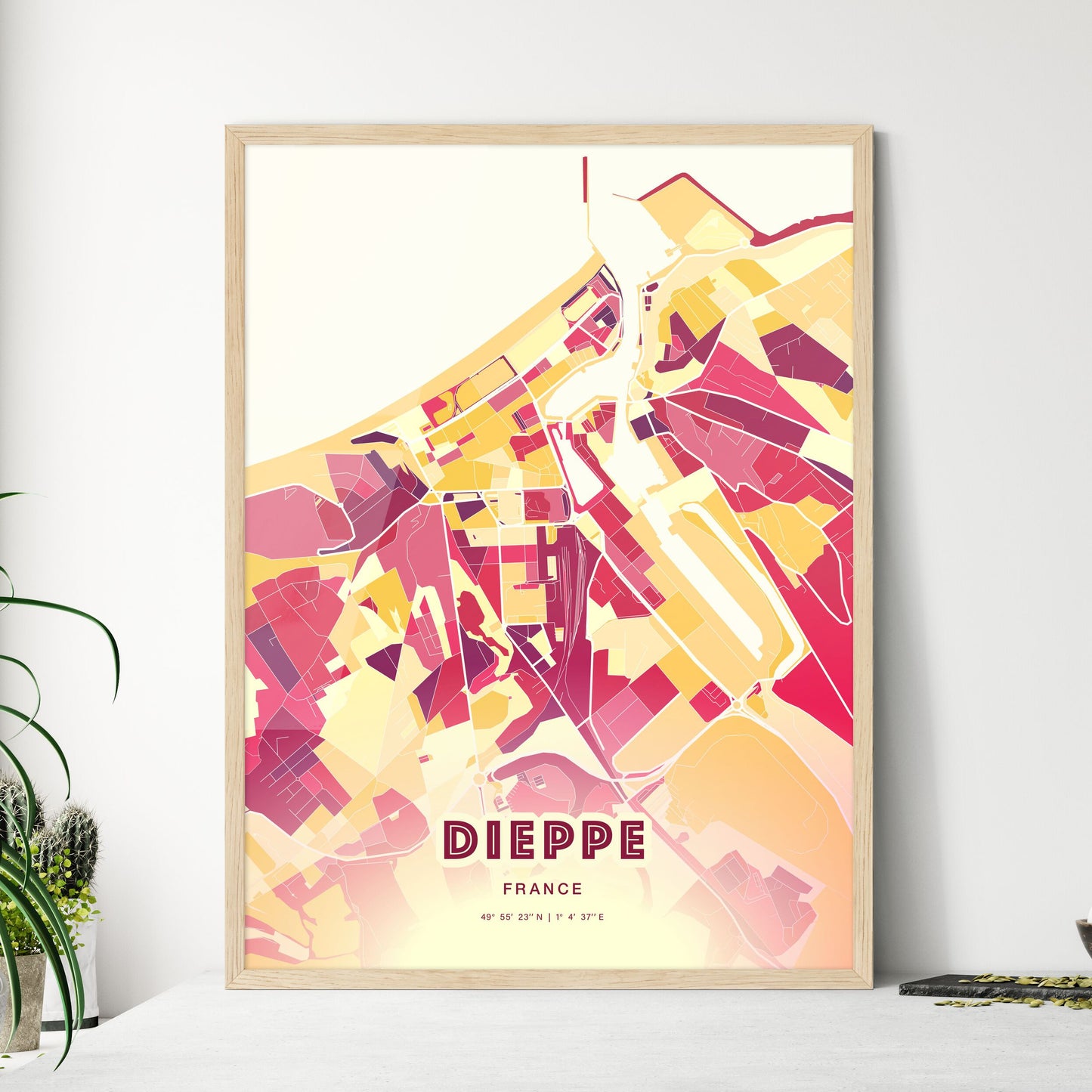 Colorful DIEPPE FRANCE Fine Art Map Hot Red