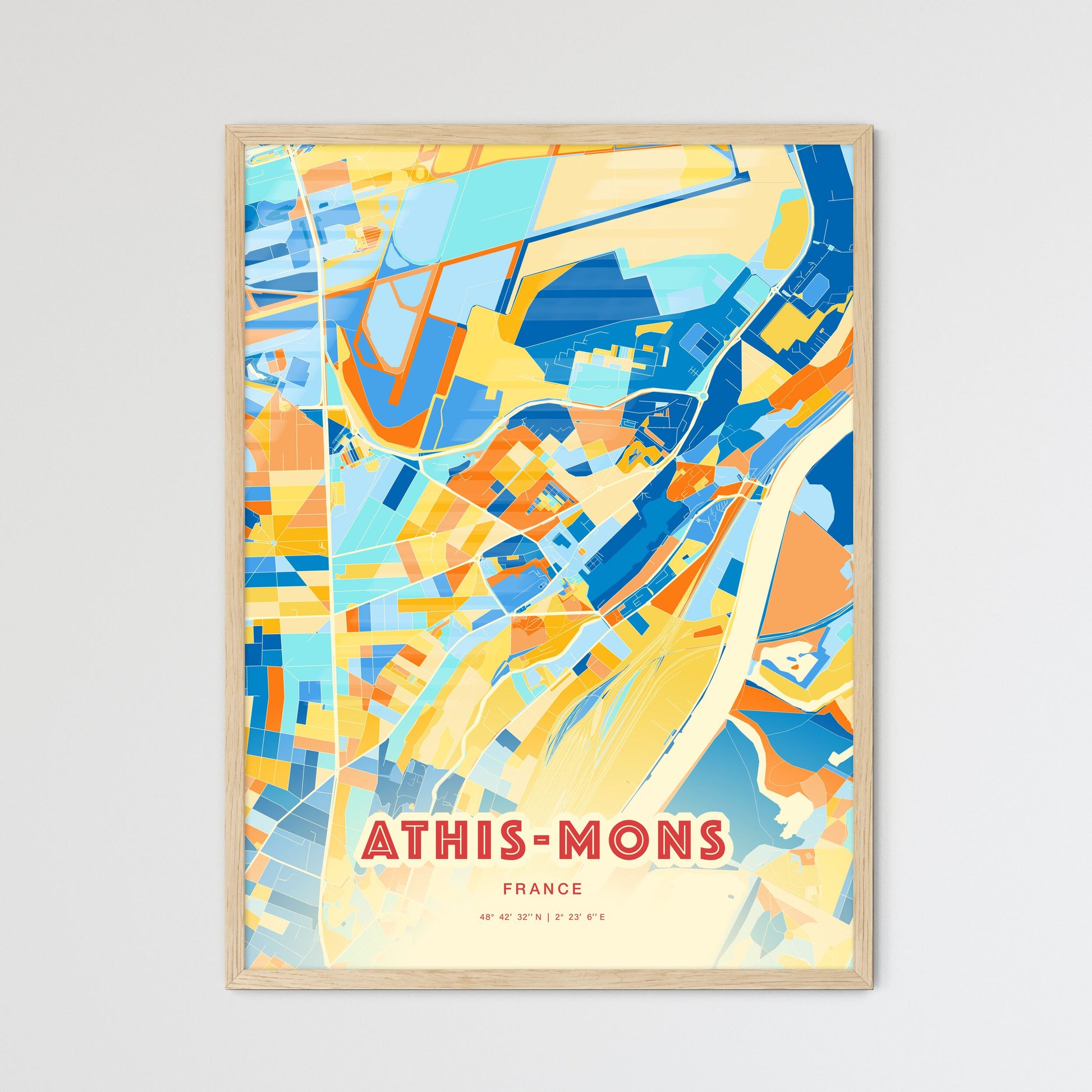 Colorful ATHIS-MONS FRANCE Fine Art Map Blue Orange