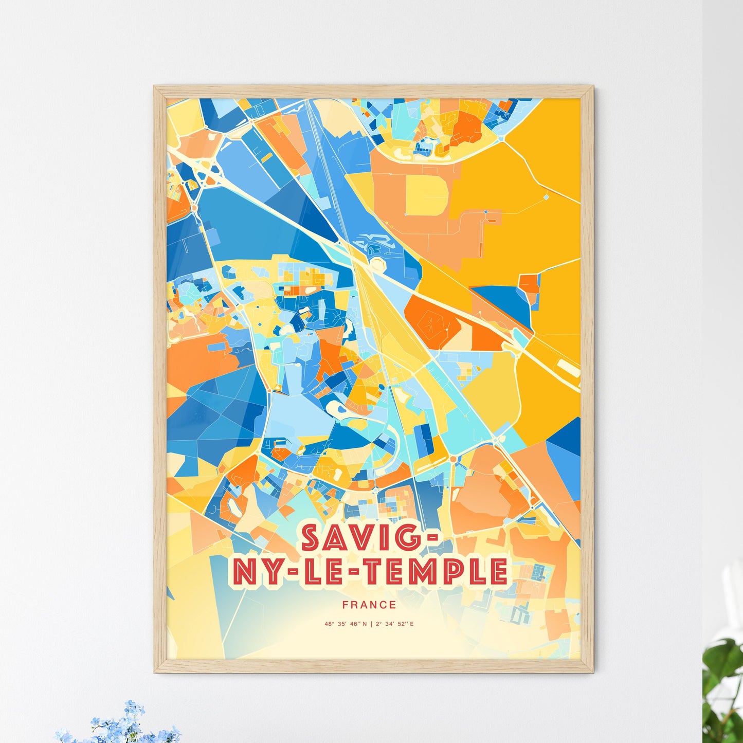 Colorful SAVIGNY-LE-TEMPLE FRANCE Fine Art Map Blue Orange