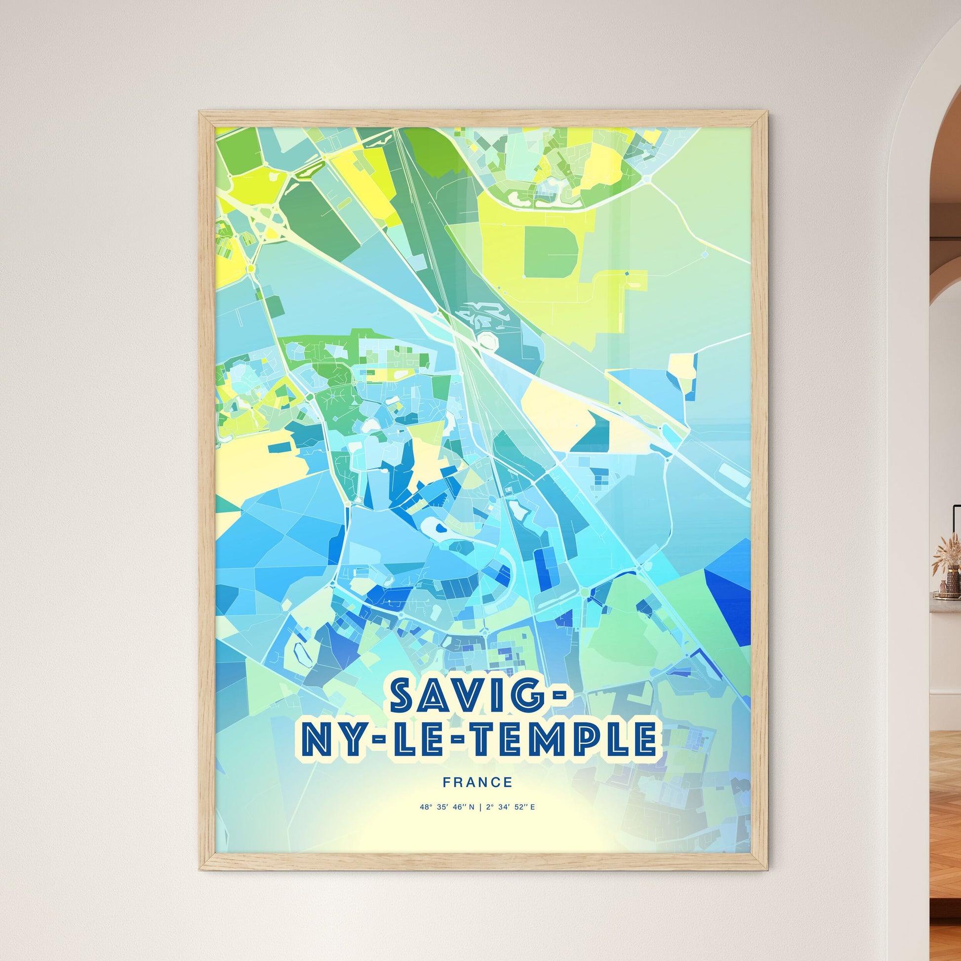 Colorful SAVIGNY-LE-TEMPLE FRANCE Fine Art Map Cool Blue