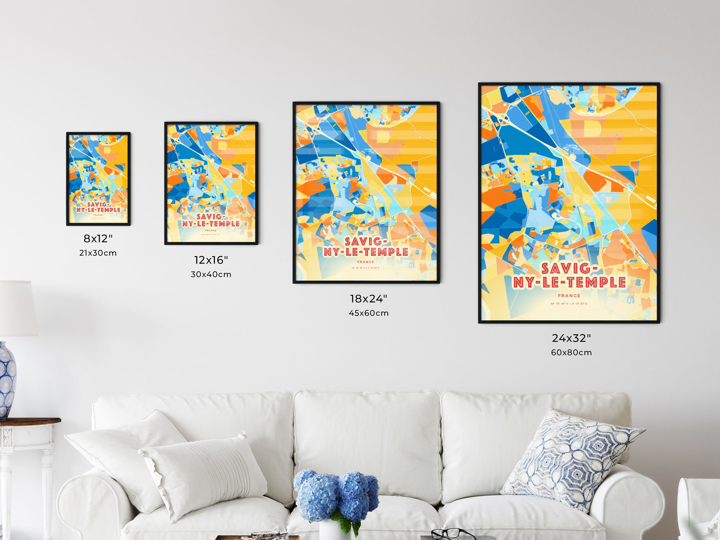 Colorful SAVIGNY-LE-TEMPLE FRANCE Fine Art Map Blue Orange