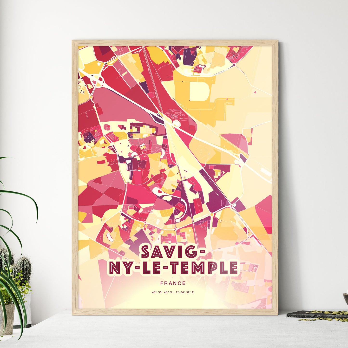 Colorful SAVIGNY-LE-TEMPLE FRANCE Fine Art Map Hot Red