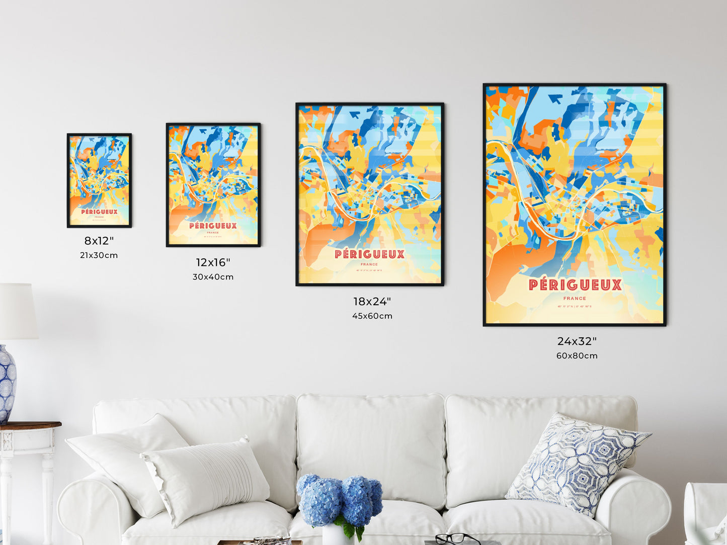 Colorful PÉRIGUEUX FRANCE Fine Art Map Blue Orange