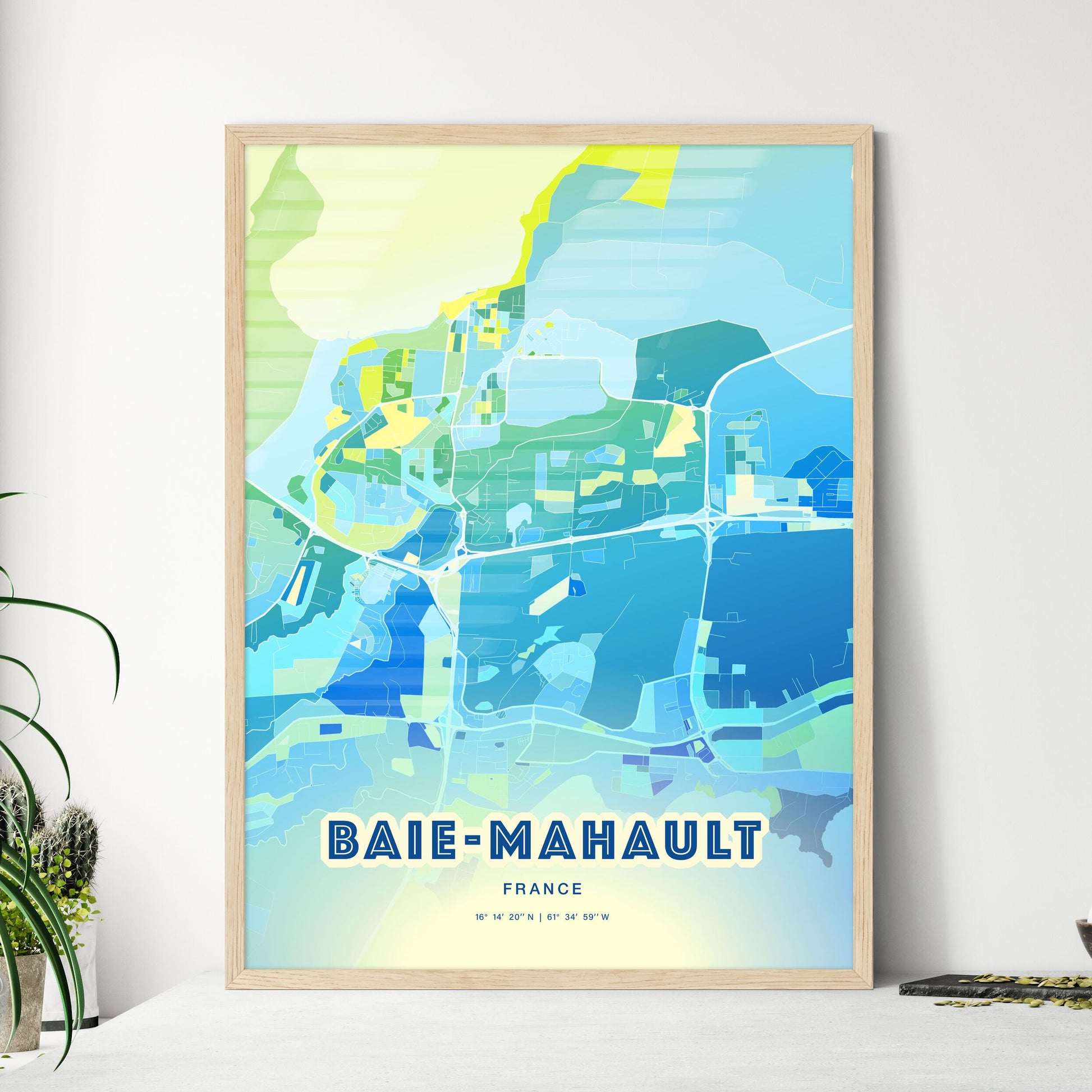 Colorful BAIE-MAHAULT FRANCE Fine Art Map Cool Blue