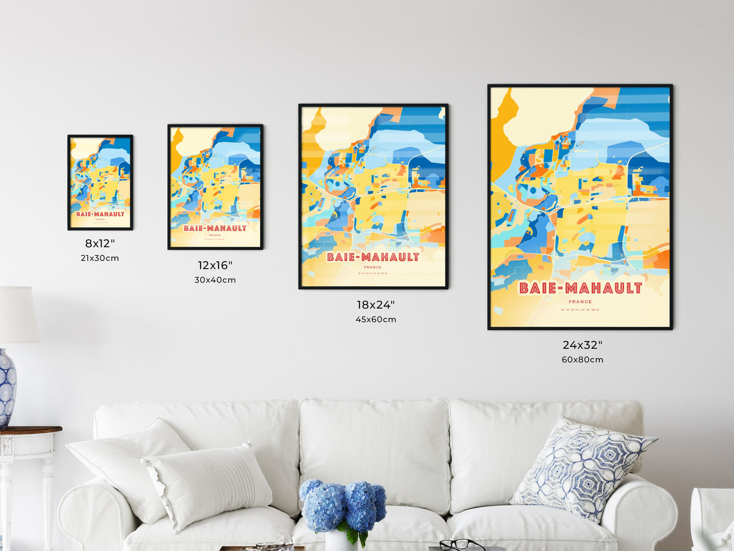 Colorful BAIE-MAHAULT FRANCE Fine Art Map Blue Orange