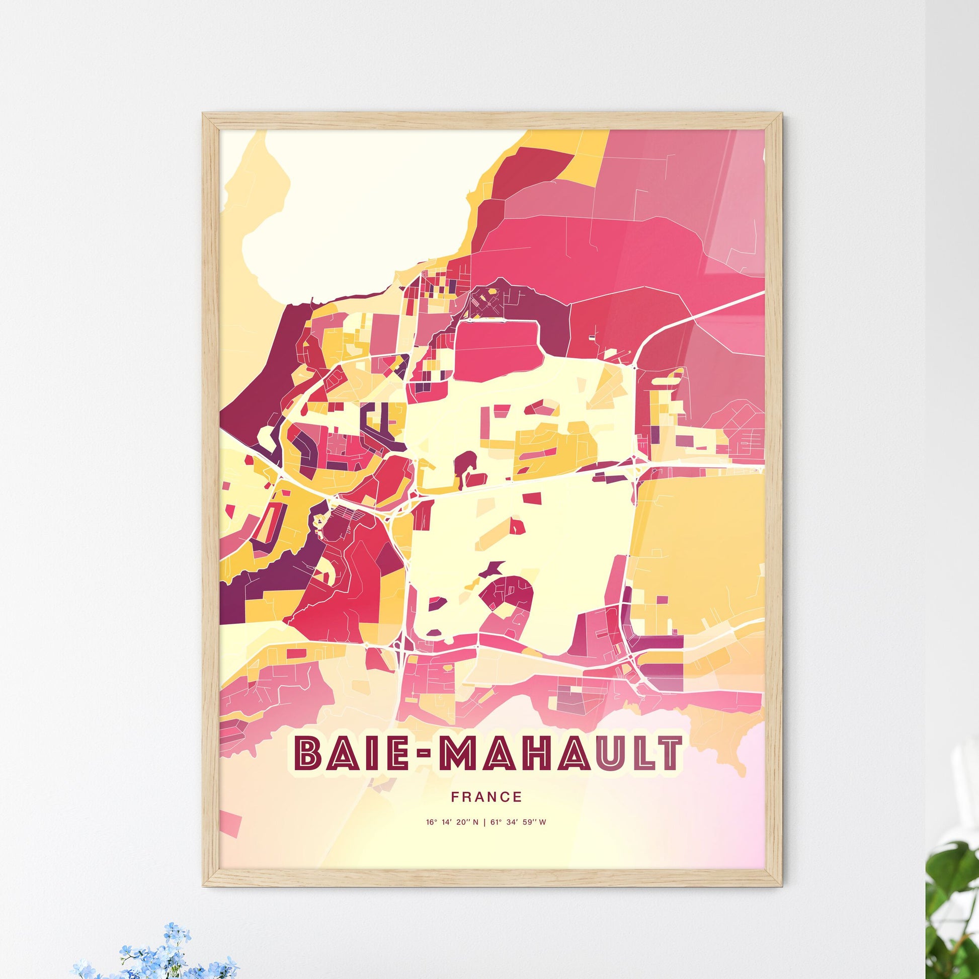 Colorful BAIE-MAHAULT FRANCE Fine Art Map Hot Red