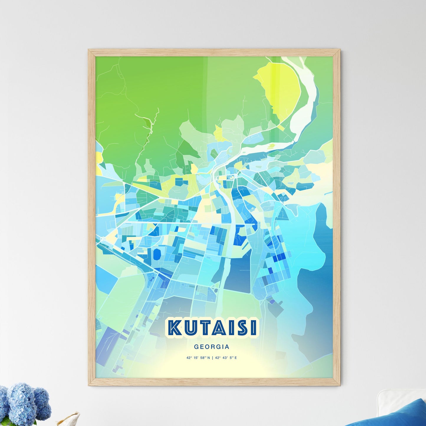 Colorful KUTAISI GEORGIA Fine Art Map Cool Blue