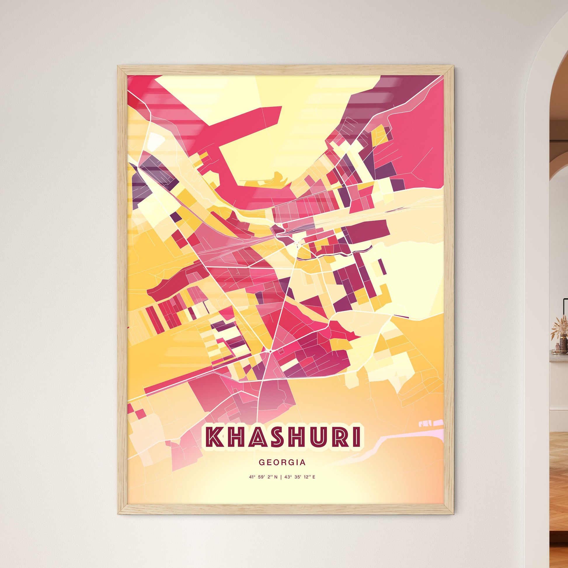 Colorful KHASHURI GEORGIA Fine Art Map Hot Red