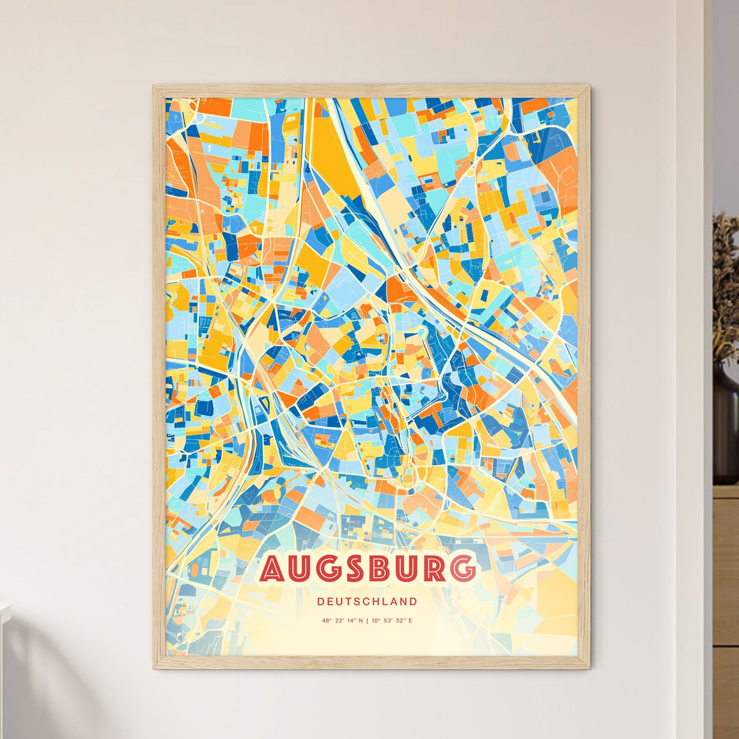 Colorful Augsburg Germany Fine Art Map Blue Orange