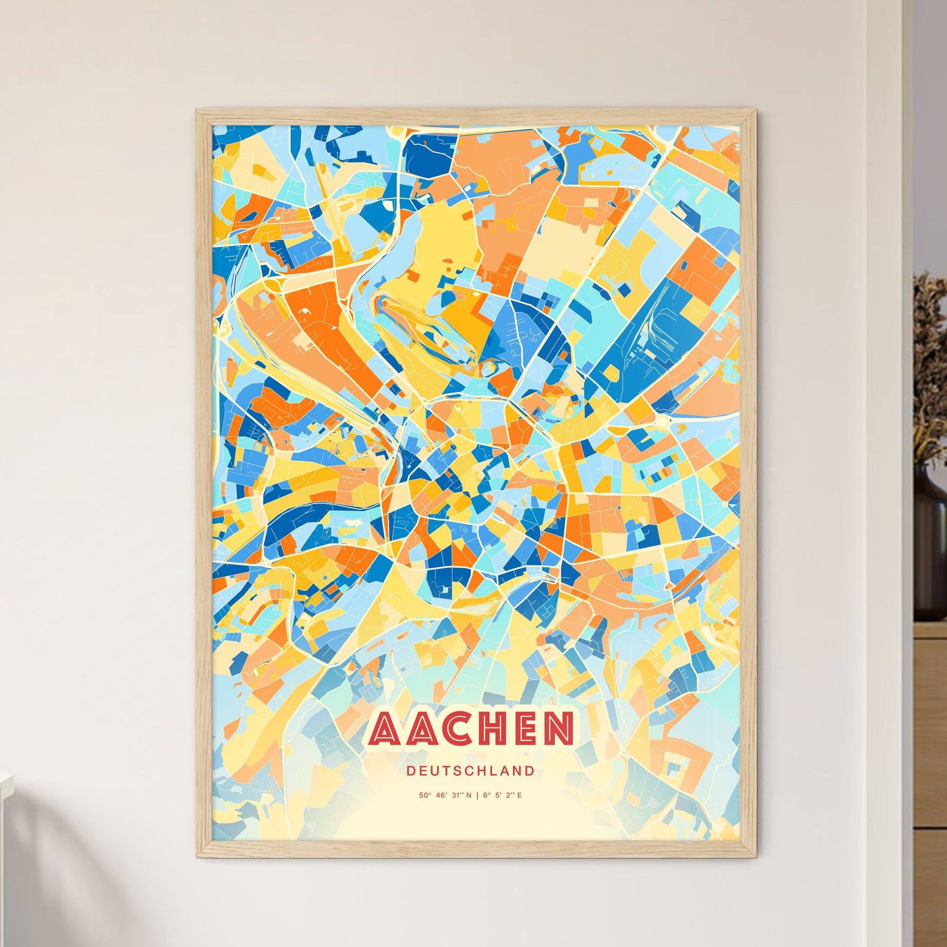 Colorful Aachen Germany Fine Art Map Blue Orange