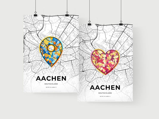 AACHEN GERMANY minimal art map with a colorful icon. Where it all began, Couple map gift.
