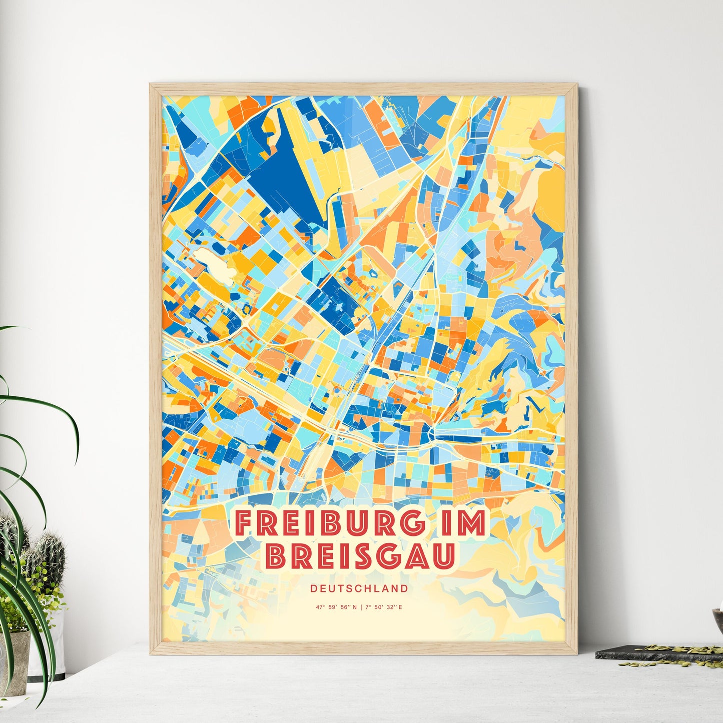 Colorful FREIBURG IM BREISGAU GERMANY Fine Art Map Blue Orange