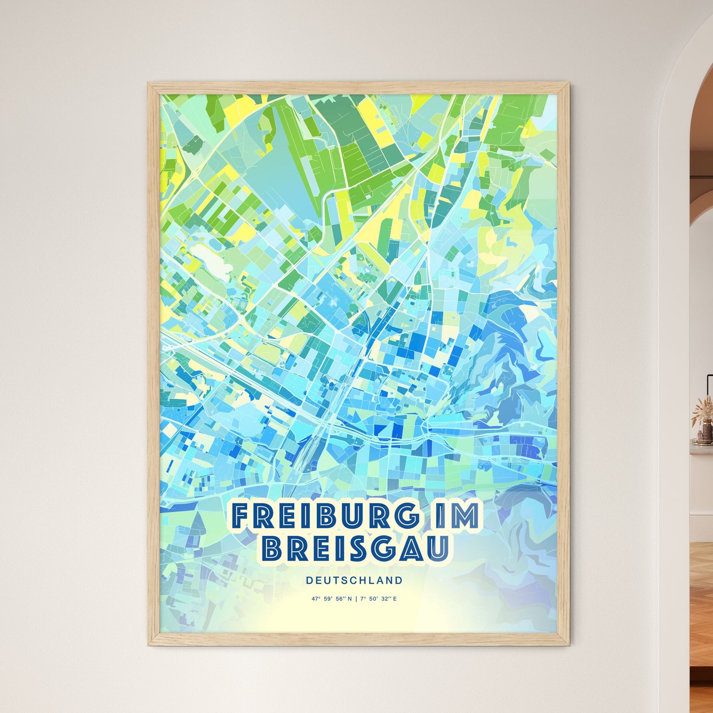 Colorful FREIBURG IM BREISGAU GERMANY Fine Art Map Cool Blue