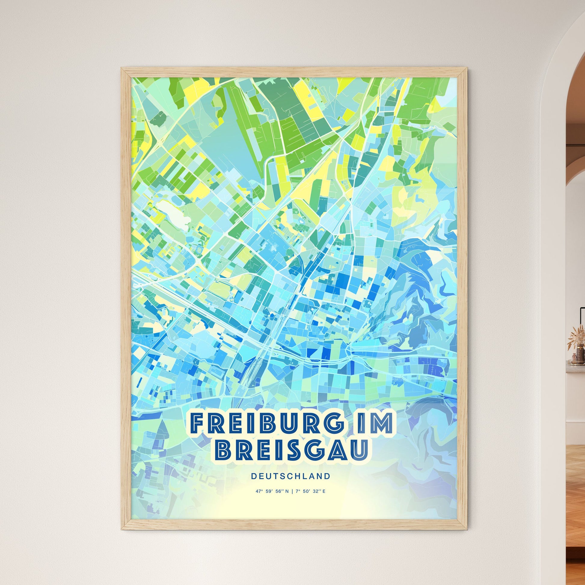 Colorful FREIBURG IM BREISGAU GERMANY Fine Art Map Cool Blue