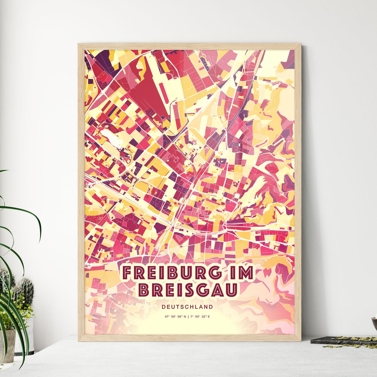 Colorful FREIBURG IM BREISGAU GERMANY Fine Art Map Hot Red