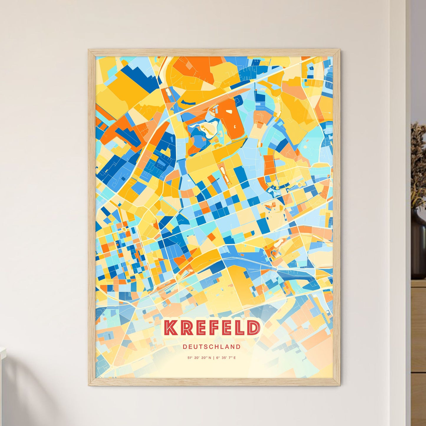 Colorful KREFELD GERMANY Fine Art Map Blue Orange