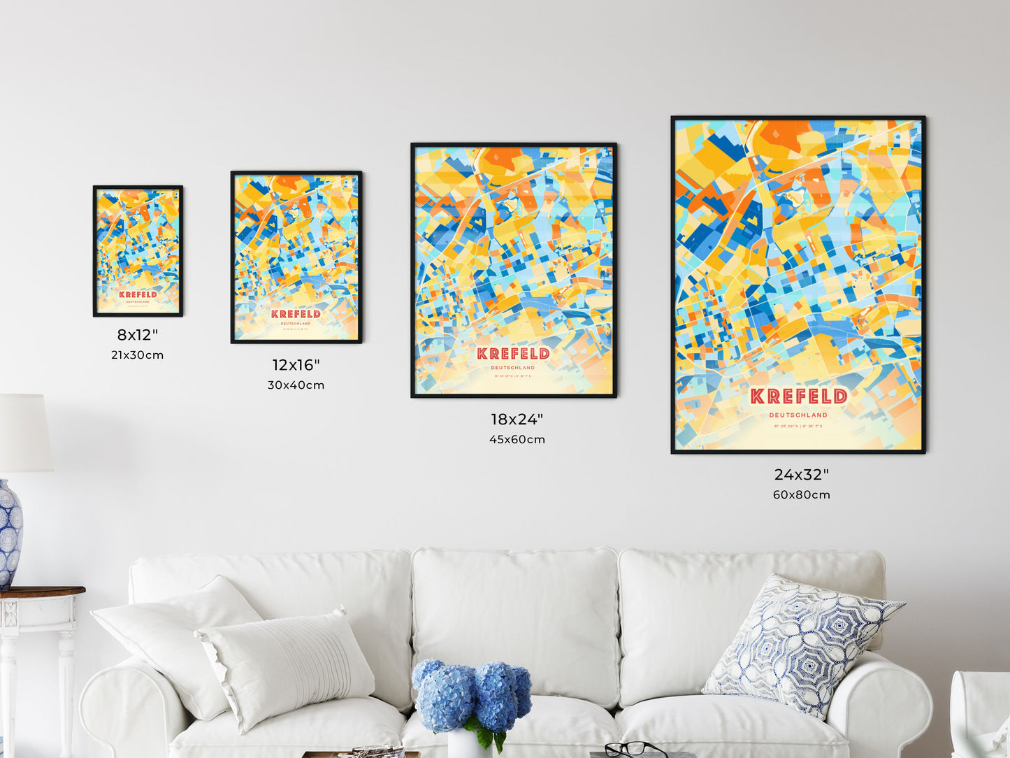 Colorful KREFELD GERMANY Fine Art Map Blue Orange