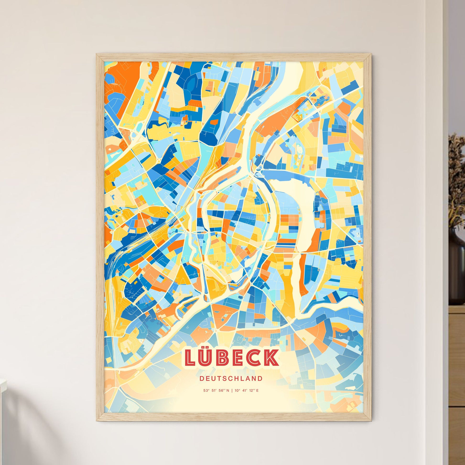 Colorful LUBECK GERMANY Fine Art Map Blue Orange