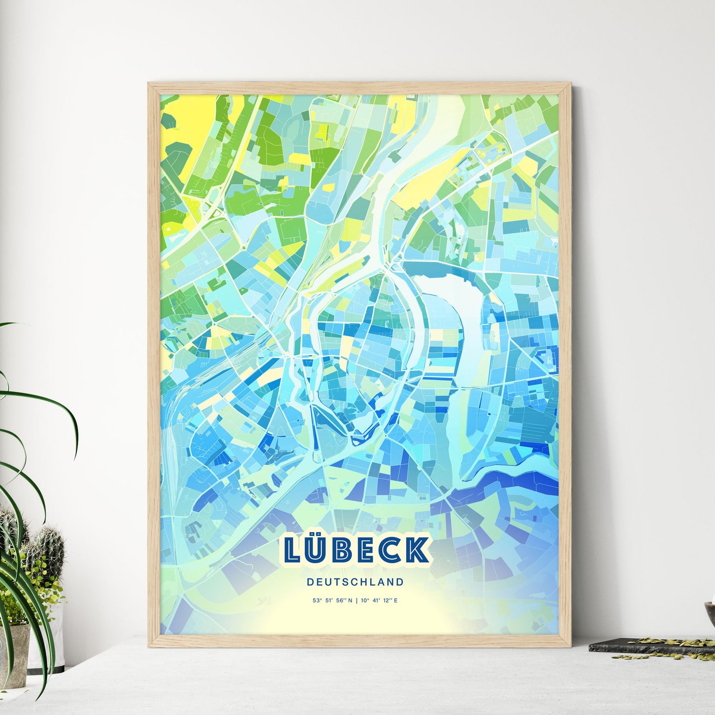 Colorful LUBECK GERMANY Fine Art Map Cool Blue