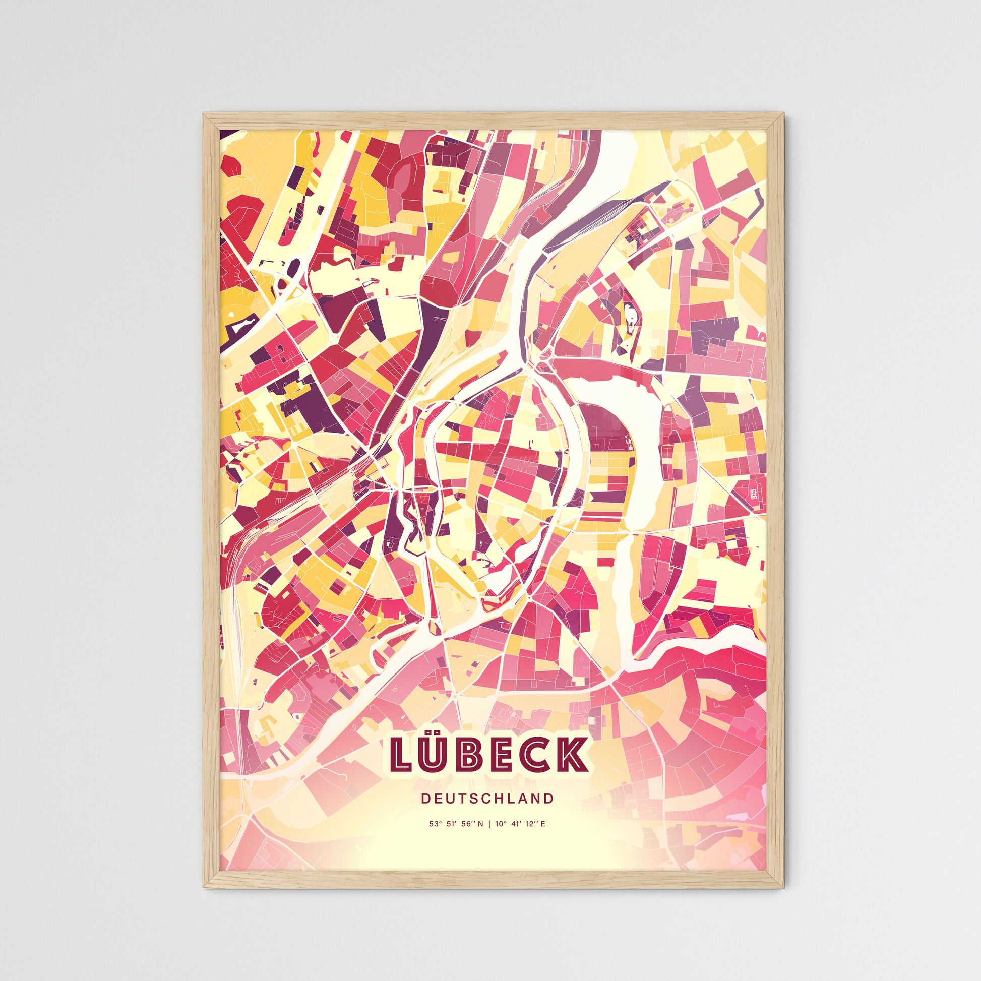 Colorful LUBECK GERMANY Fine Art Map Hot Red