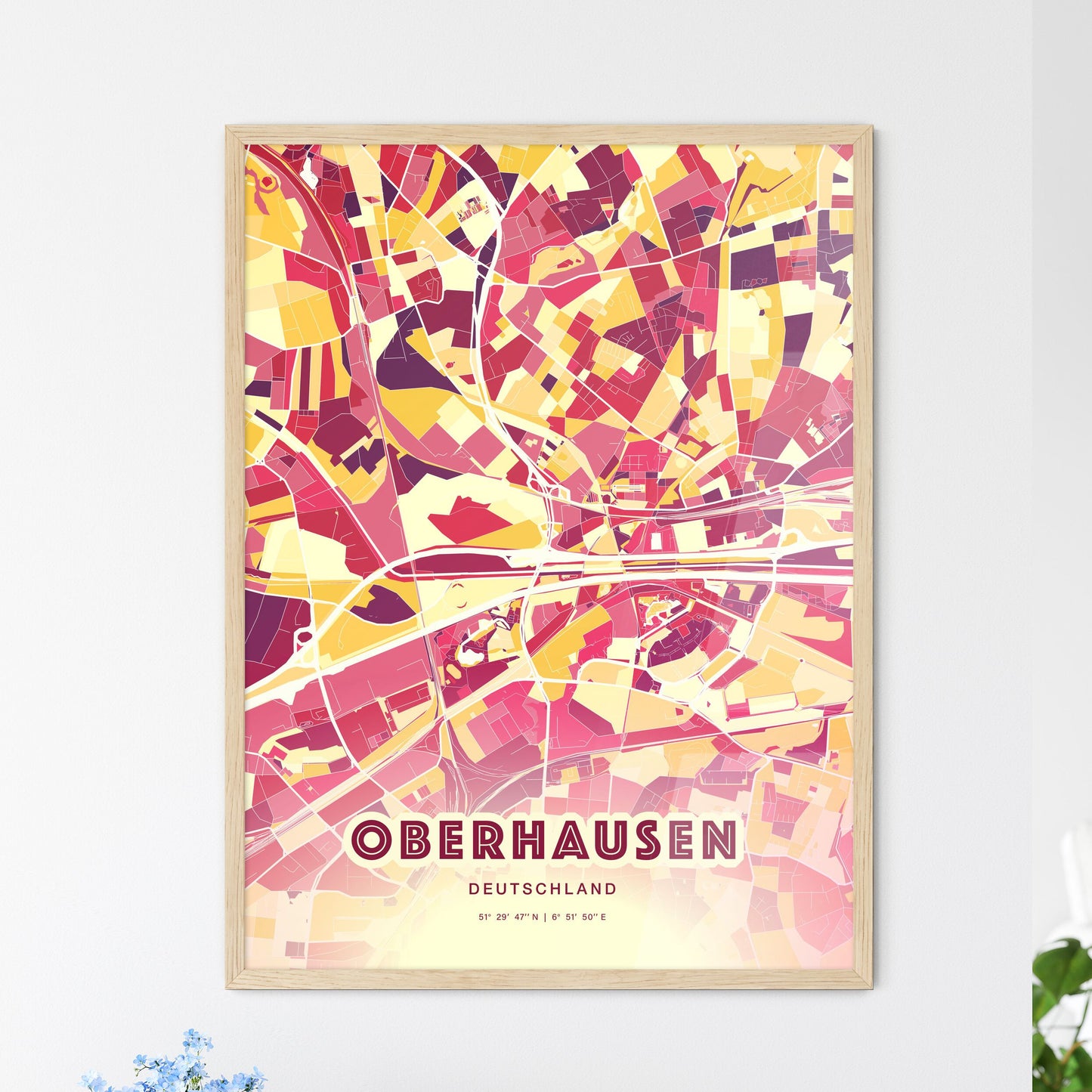 Colorful OBERHAUSEN GERMANY Fine Art Map Hot Red