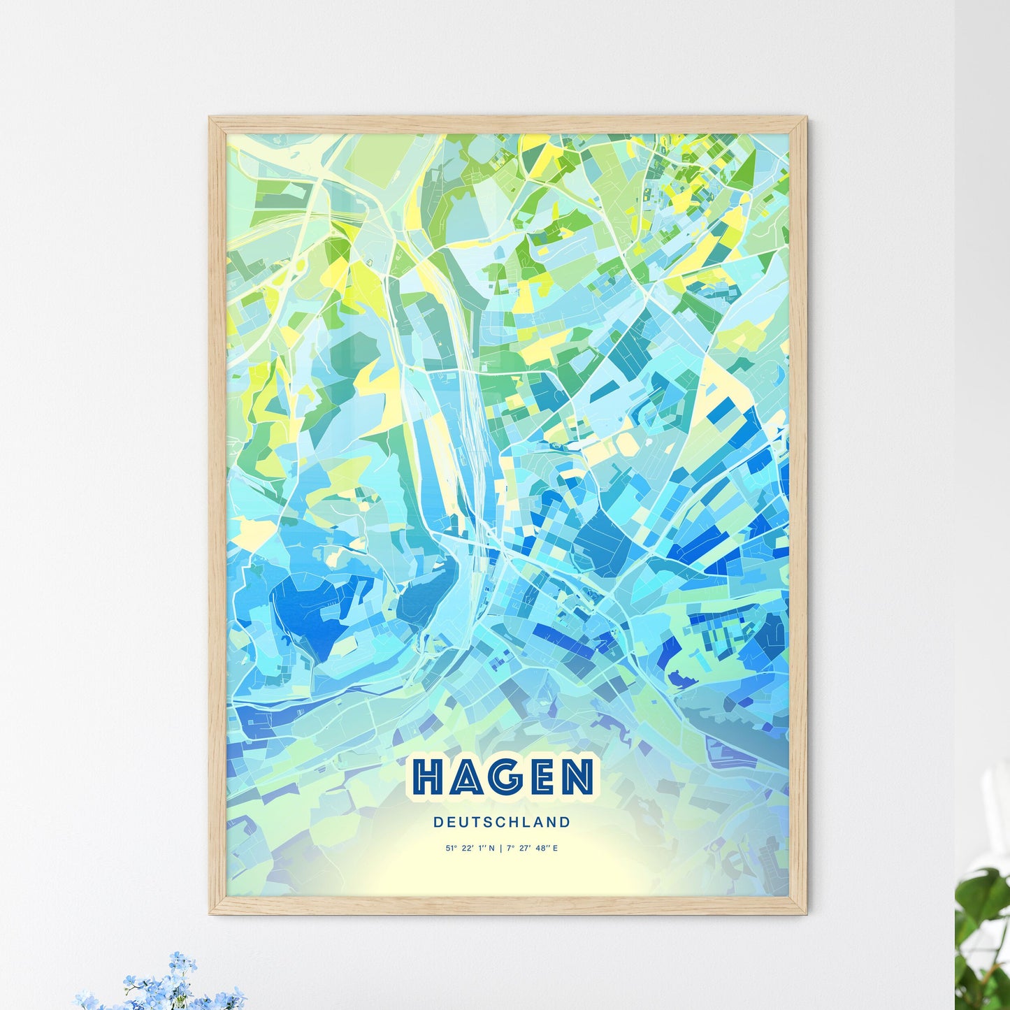 Colorful HAGEN GERMANY Fine Art Map Cool Blue