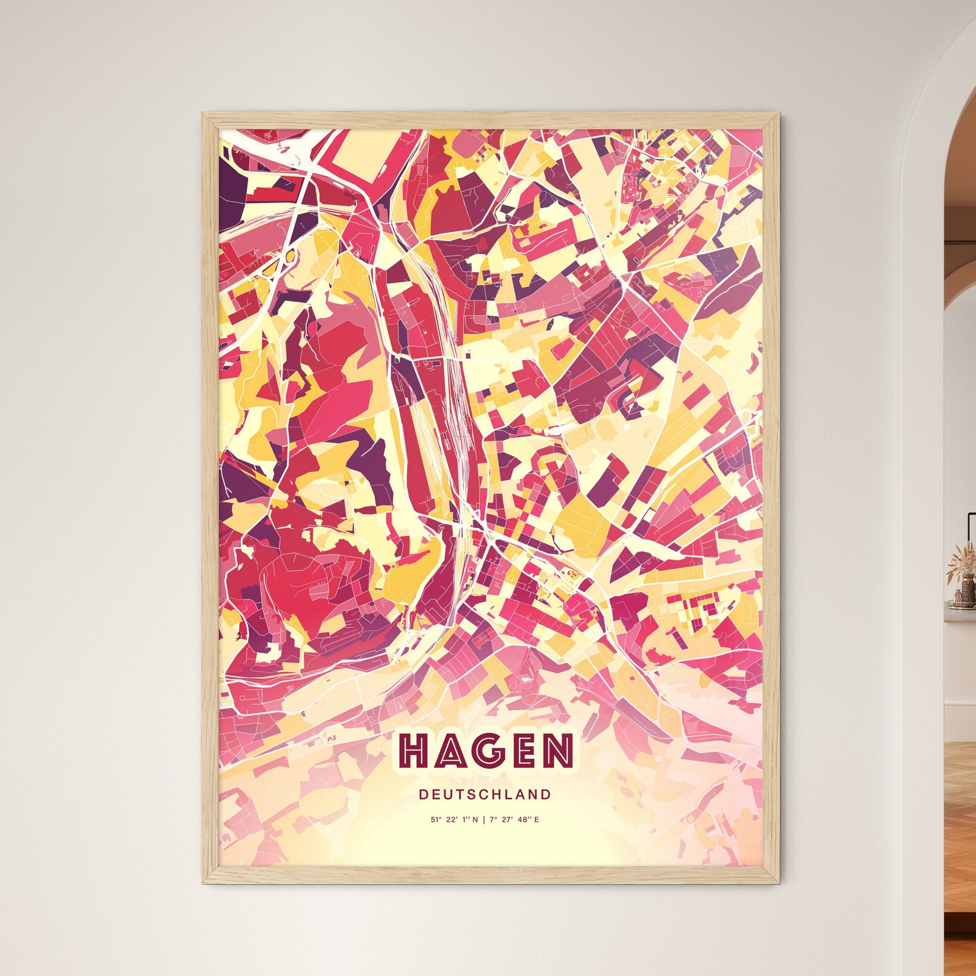 Colorful HAGEN GERMANY Fine Art Map Hot Red