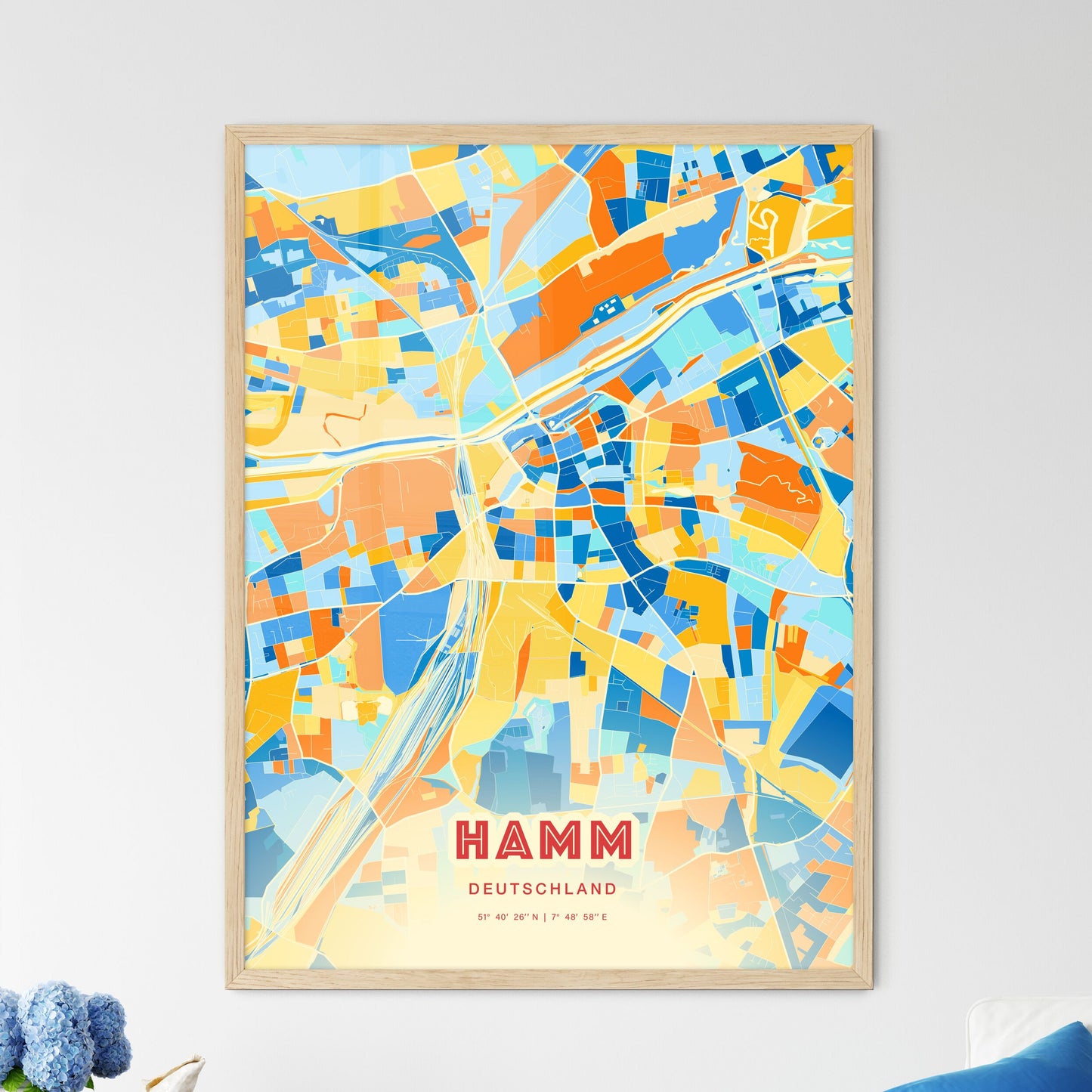 Colorful HAMM GERMANY Fine Art Map Blue Orange