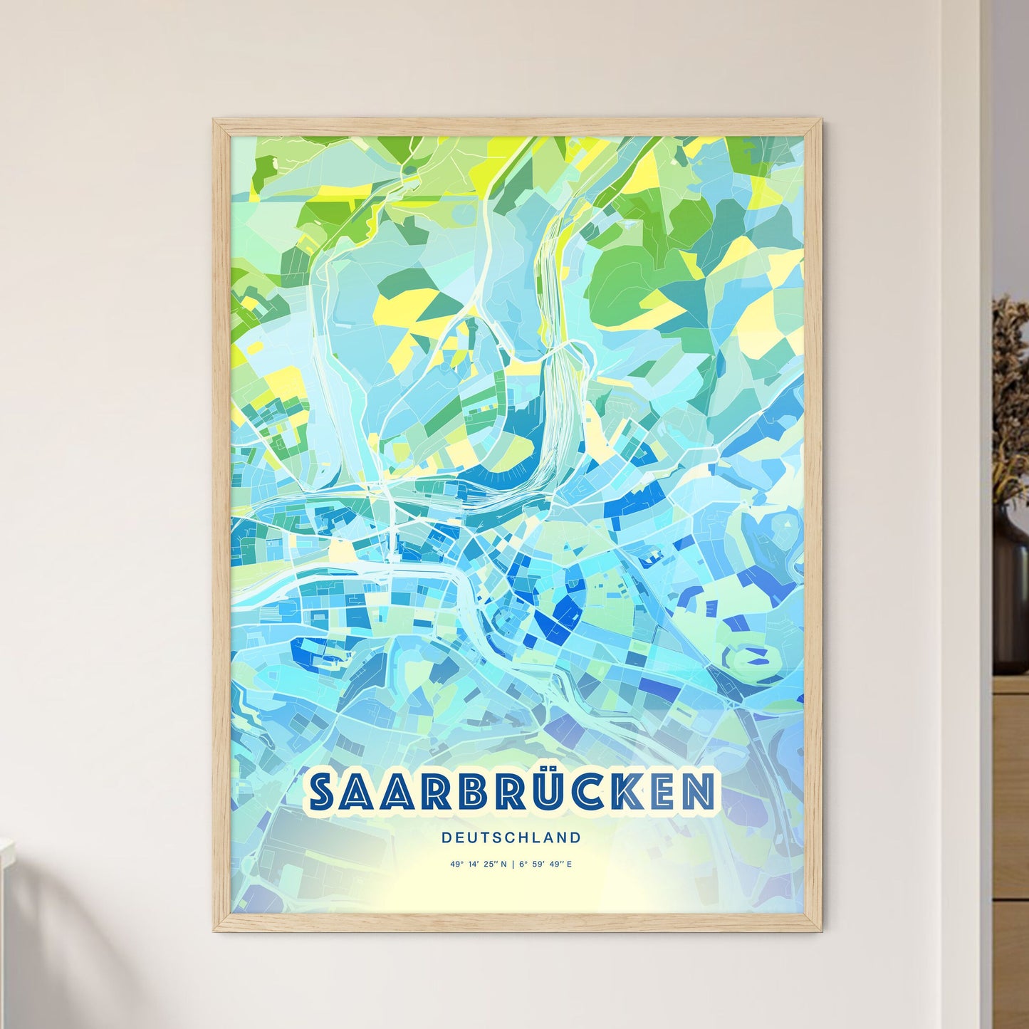 Colorful SAARBRUCKEN GERMANY Fine Art Map Cool Blue