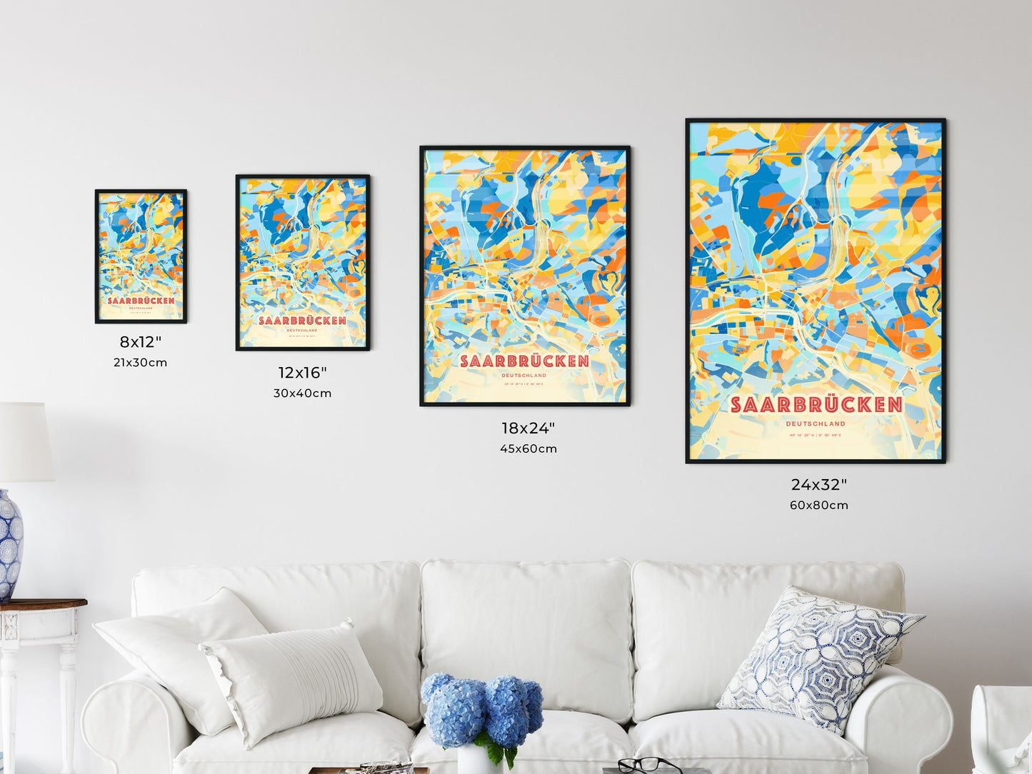 Colorful SAARBRUCKEN GERMANY Fine Art Map Blue Orange