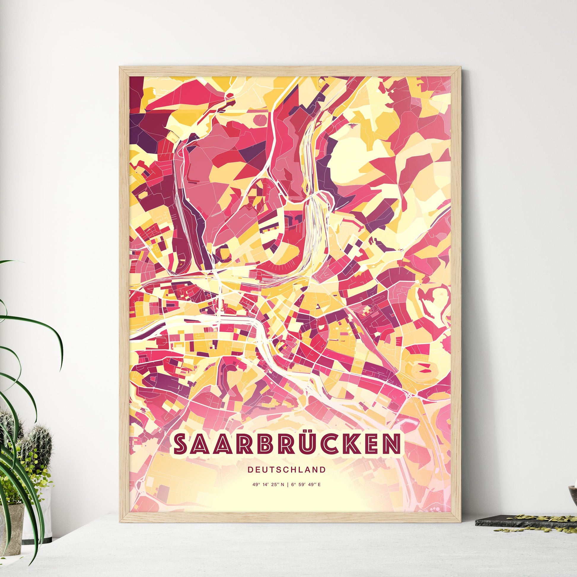 Colorful SAARBRUCKEN GERMANY Fine Art Map Hot Red