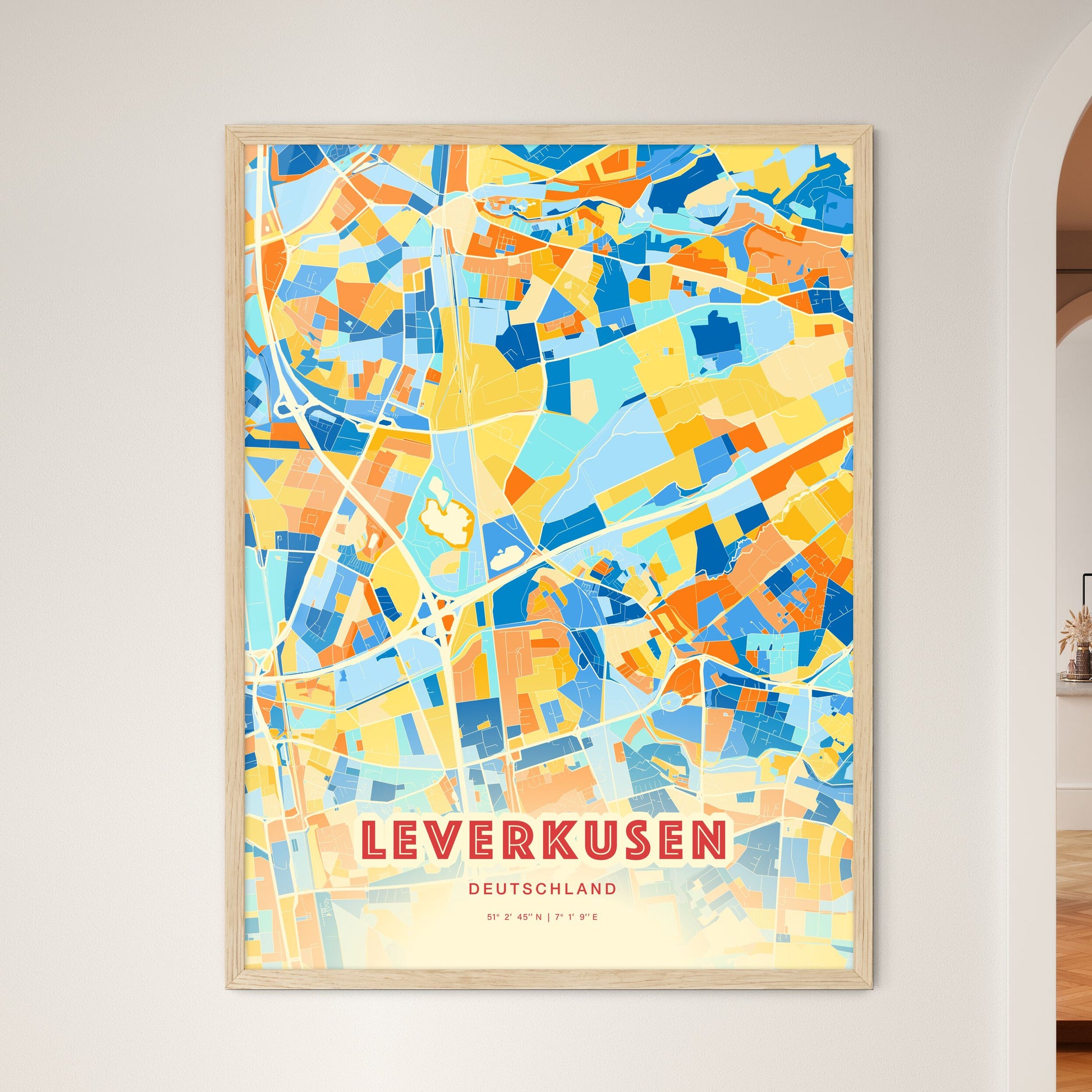 Colorful LEVERKUSEN GERMANY Fine Art Map Blue Orange