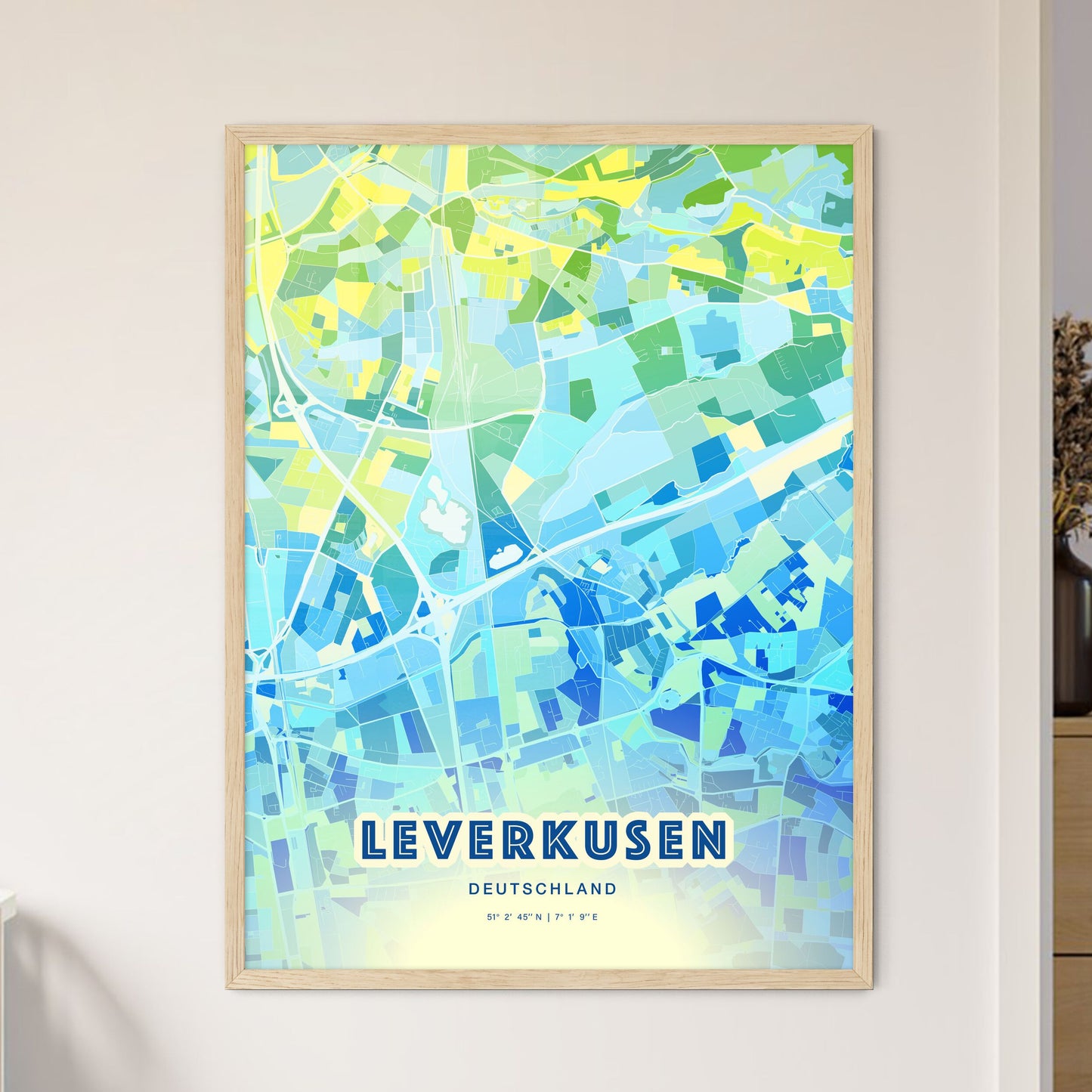 Colorful LEVERKUSEN GERMANY Fine Art Map Cool Blue